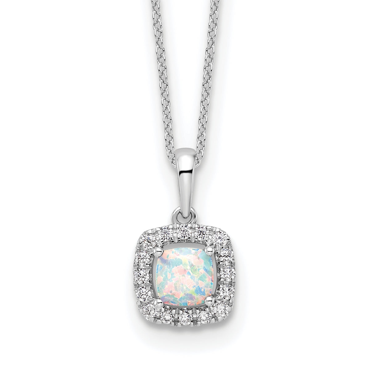 10K White Gold Lab Grown Diamond and Created Opal Pendant Necklace