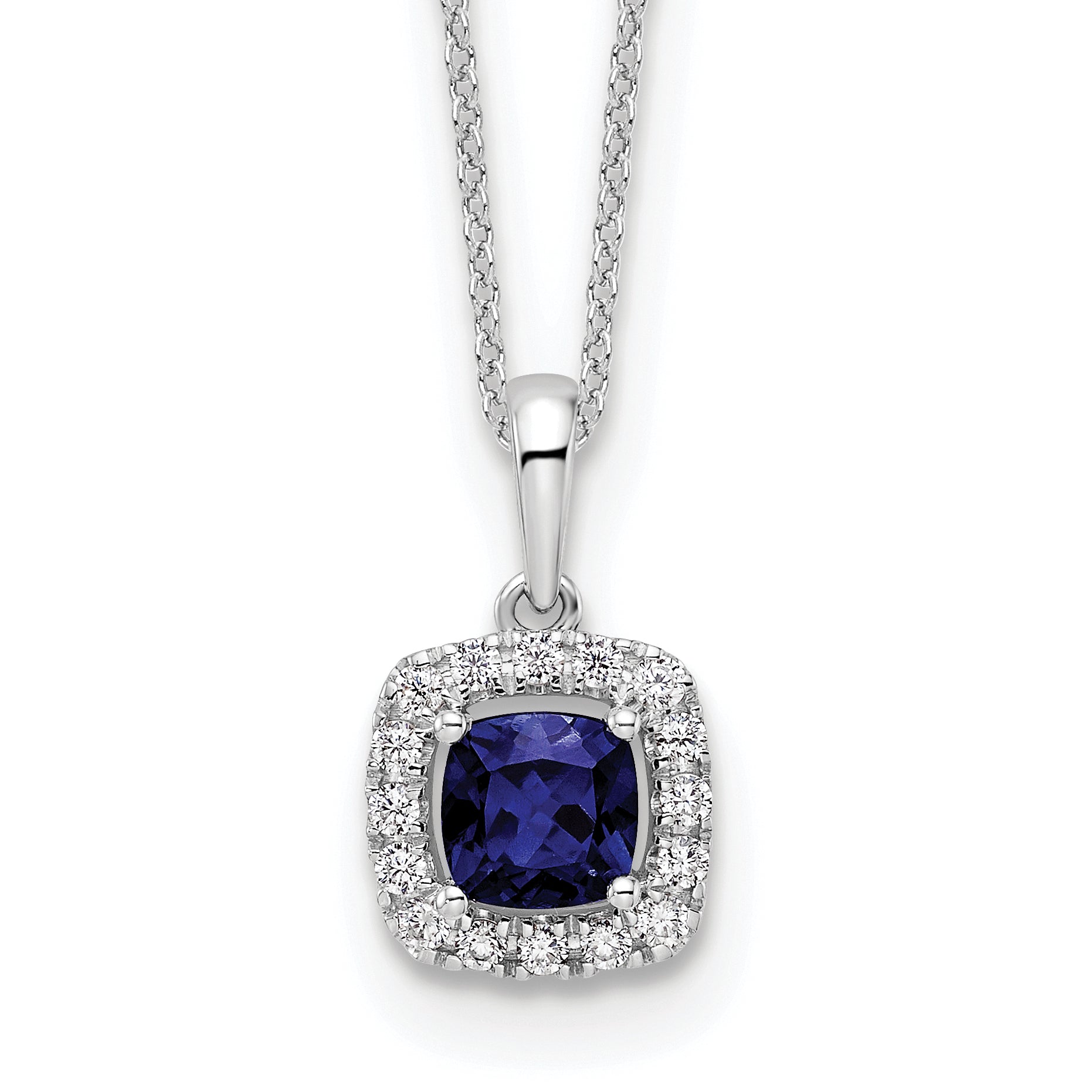 10K White Gold Lab Grown Diamond and Cr Blue Sapphire Pendant Necklace