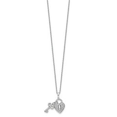 14K White Lab Grown Diamond Heart Lock and Key Pendant Necklace