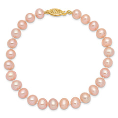 14k 7-8mm Pink Near Round Freshwater Cultured Pearl Bracelet