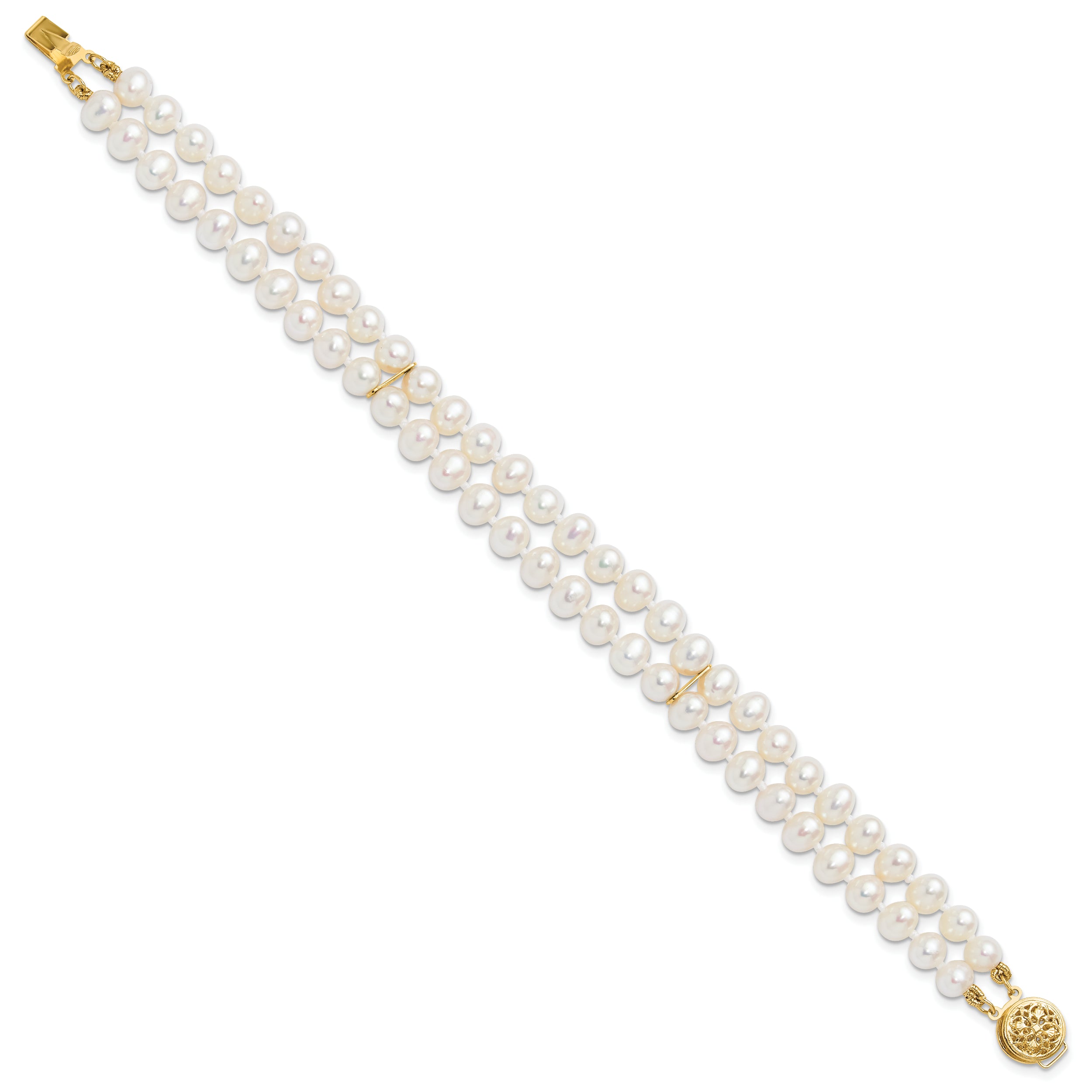 14k 5-6mm White Near Round FW Cultured Pearl 2-strand Bracelet