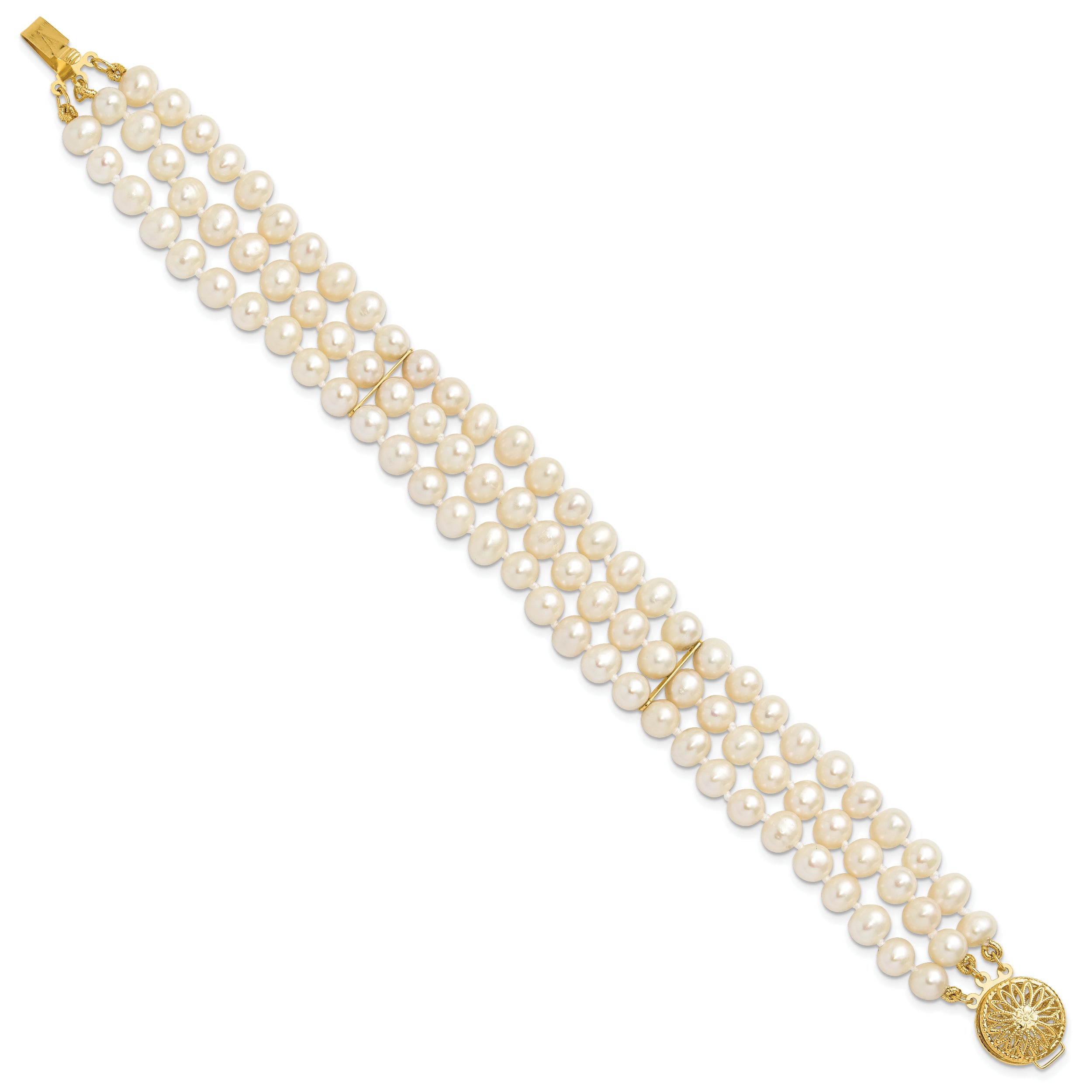 14k 5-6mm White Near Round FW Cultured Pearl 3-strand Bracelet