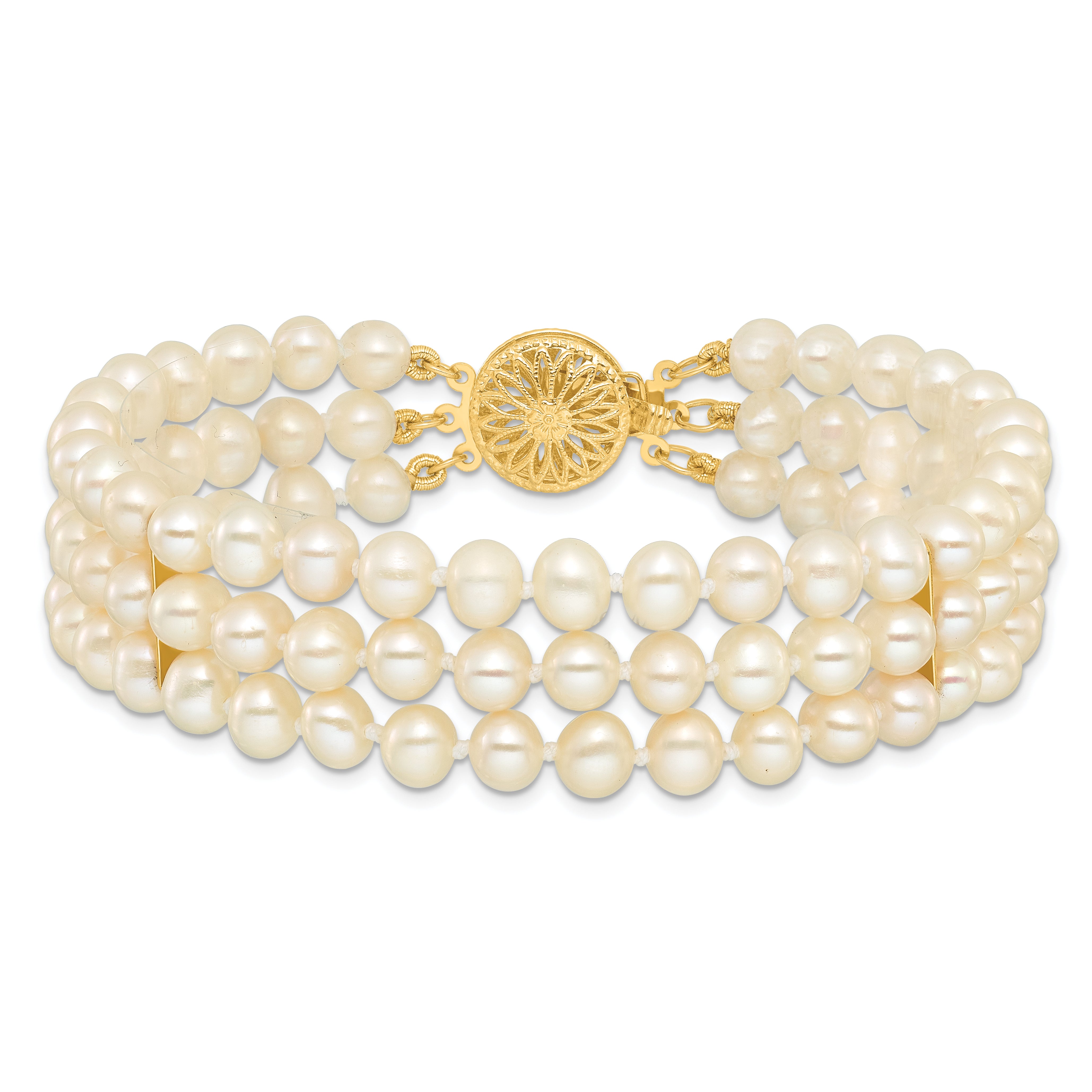 14k 5-6mm White Near Round FW Cultured Pearl 3-strand Bracelet