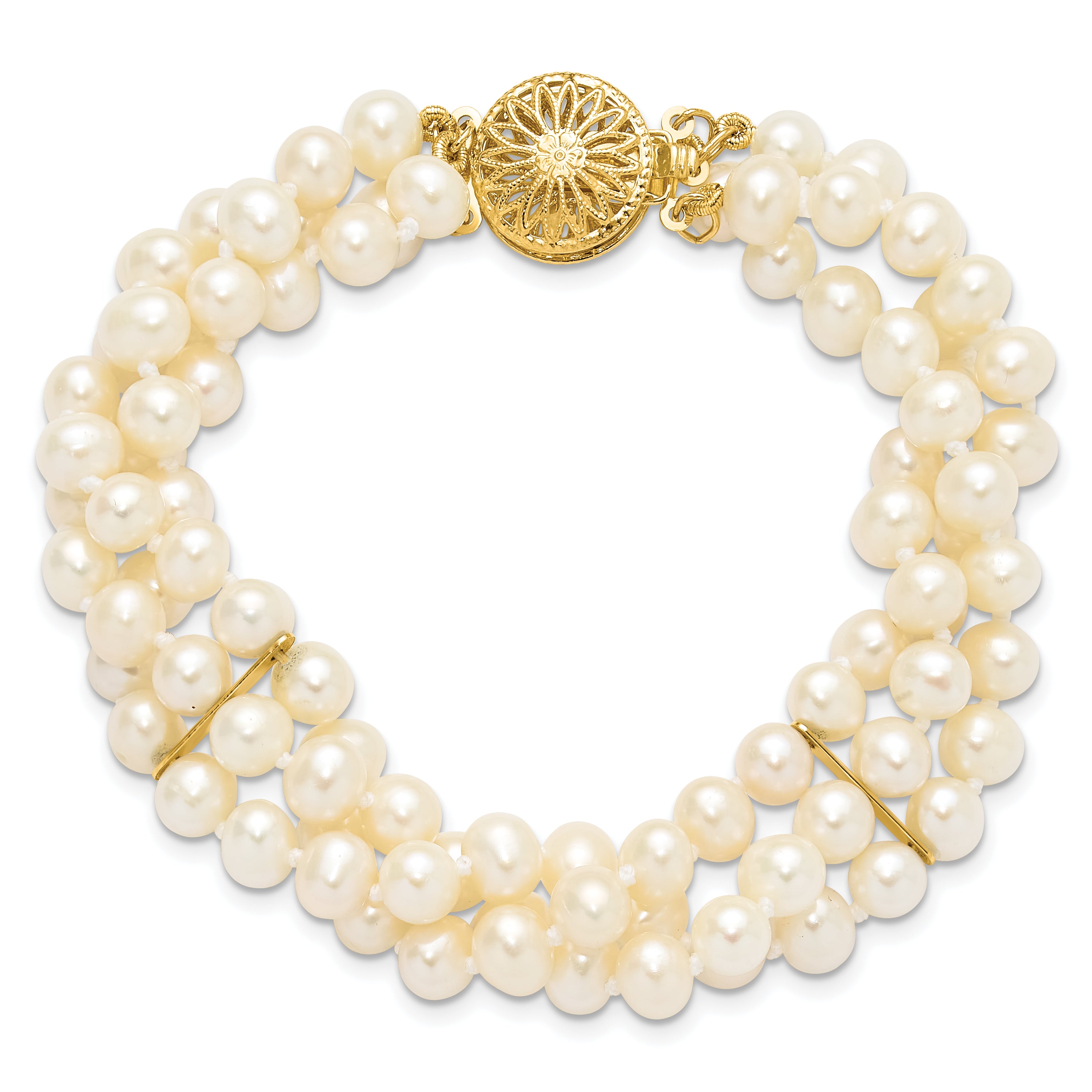 14k 5-6mm White Near Round FW Cultured Pearl 3-strand Bracelet