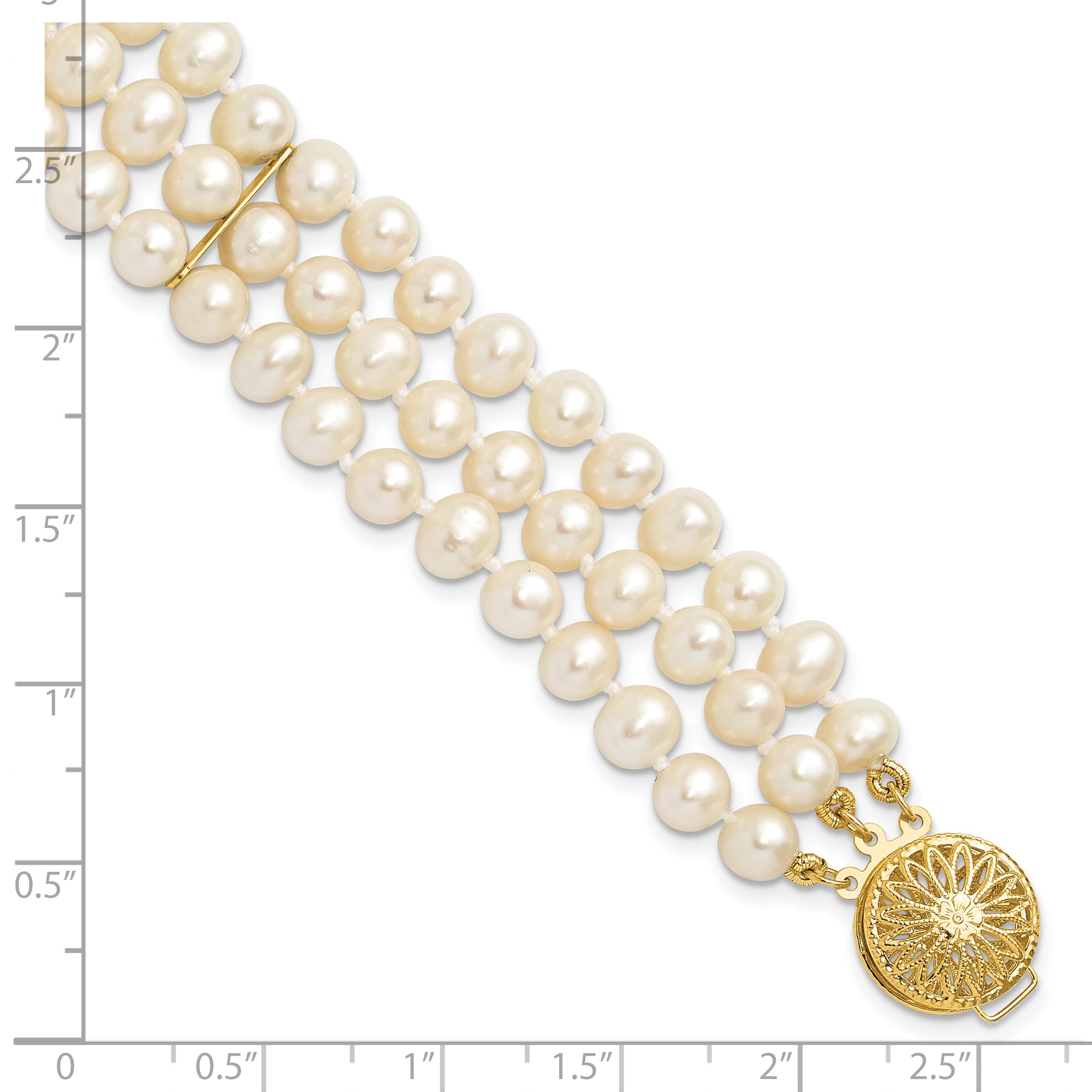 14k 5-6mm White Near Round FW Cultured Pearl 3-strand Bracelet