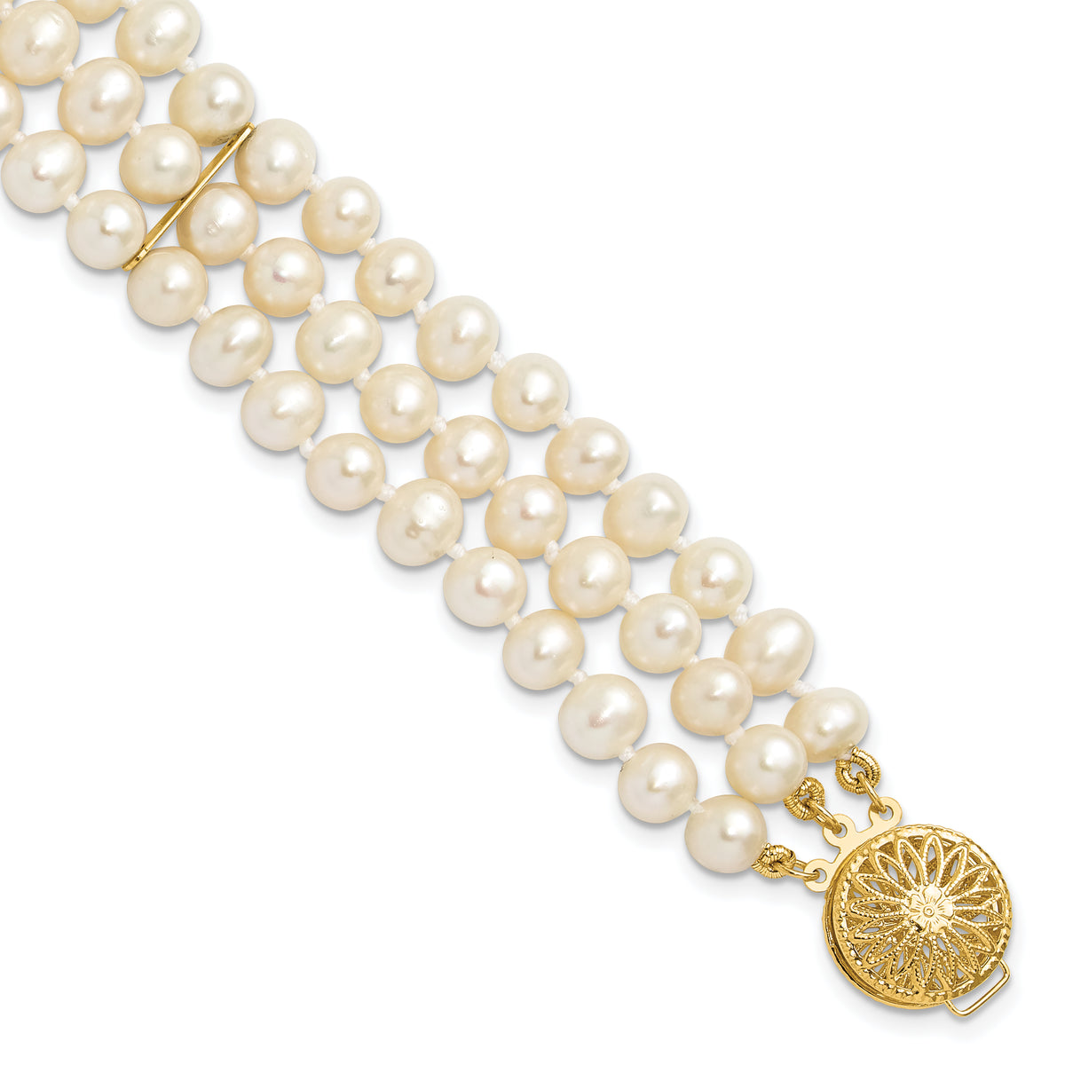 14k 5-6mm White Near Round FW Cultured Pearl 3-strand Bracelet