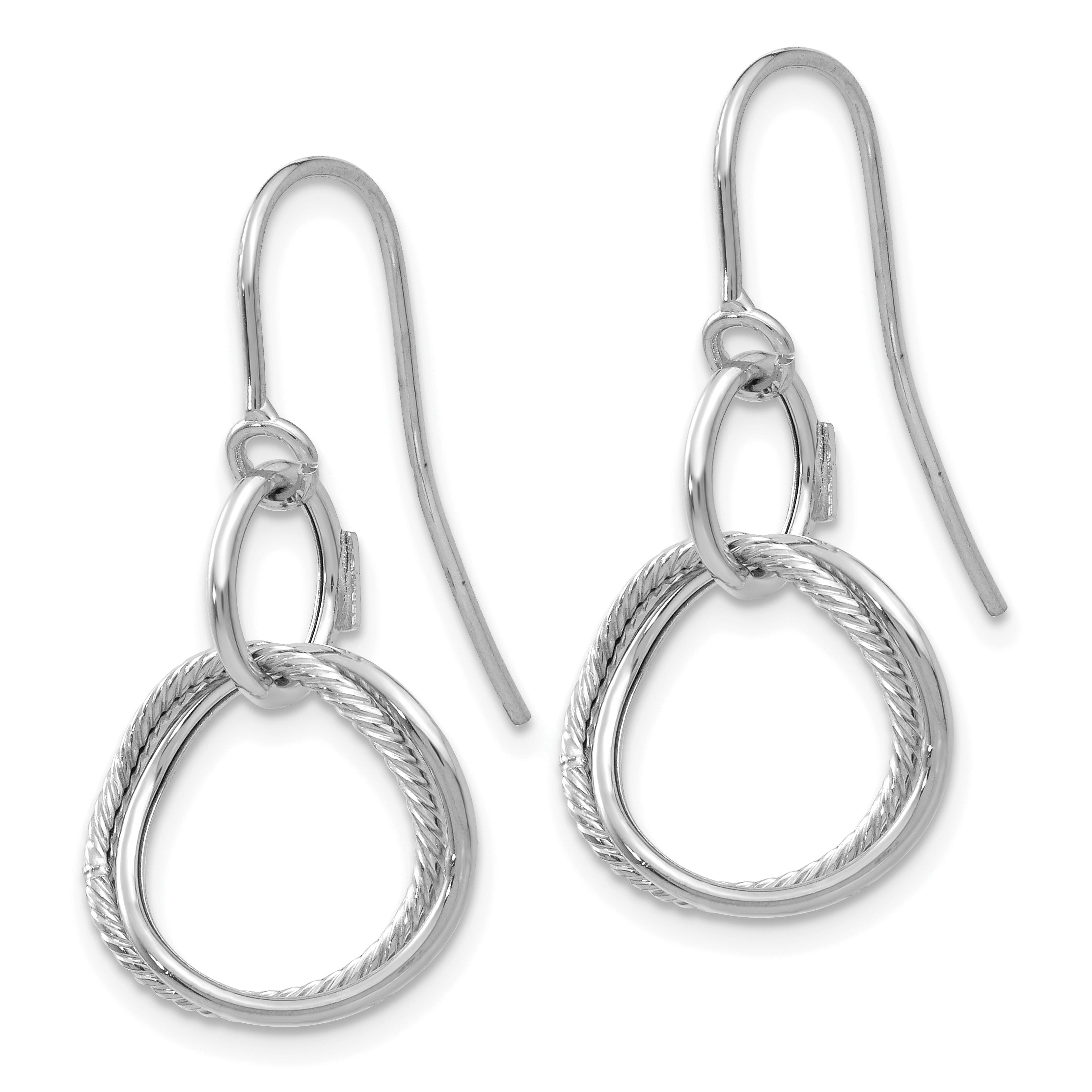 14K White Gold Twisted Circle Drop Earrings with Textured Design