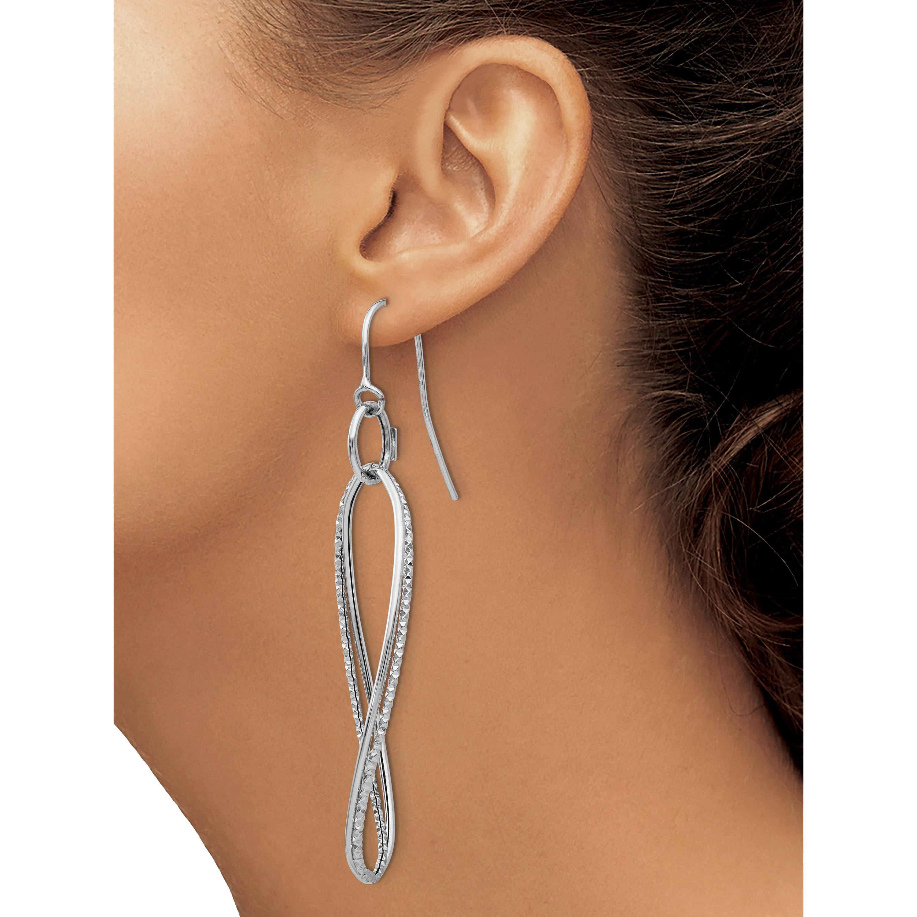 14K White Gold Textured Twisted Dangle Earrings with Rhodium Finish