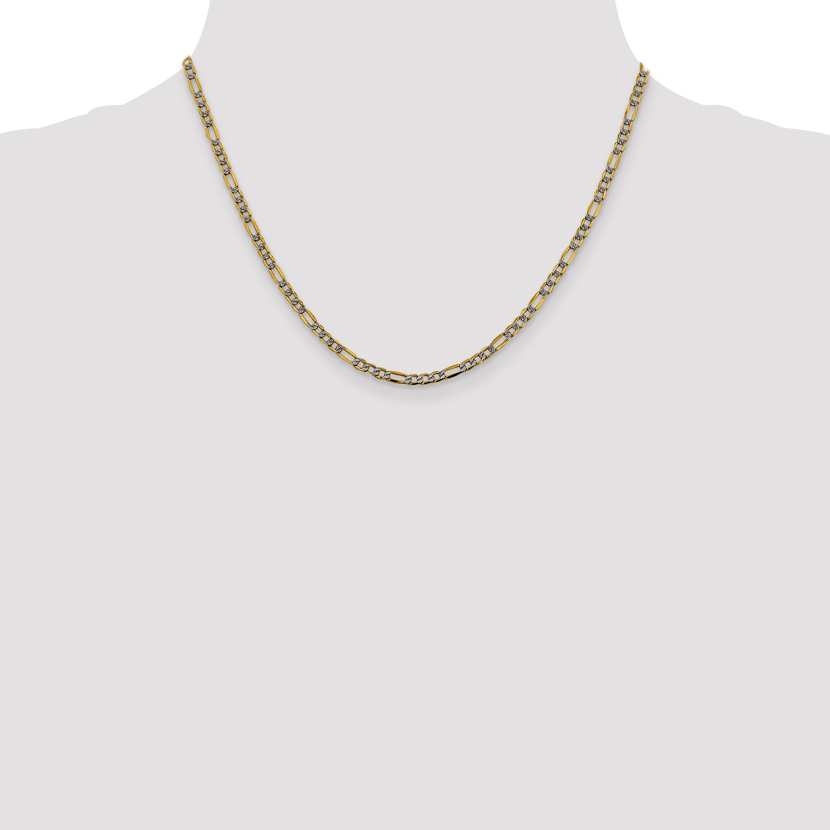 14K 16 inch 3.2mm Semi-Solid with Rhodium Pav‚ Figaro with Lobster Clasp Chain