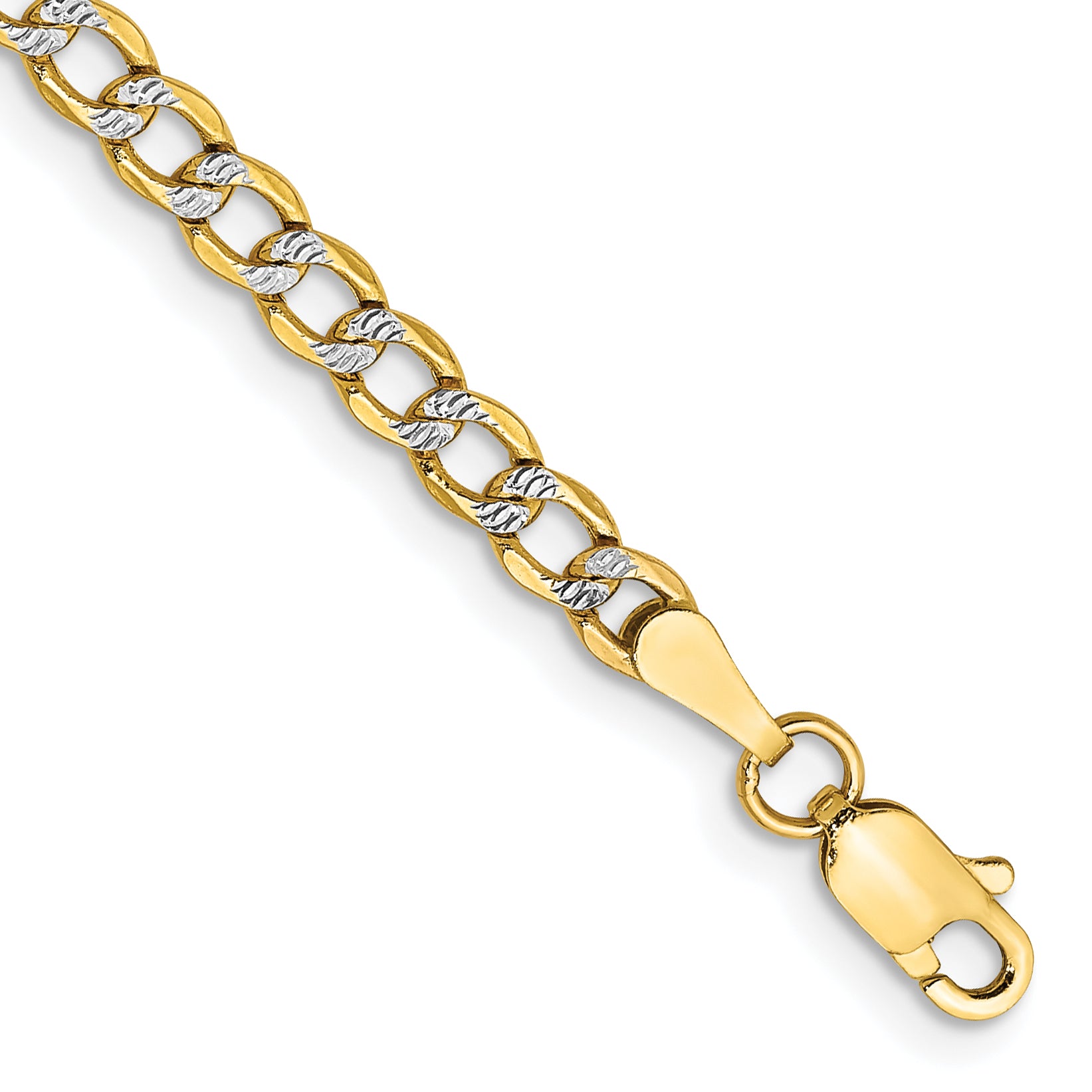 14K 8 inch 3.4mm Semi-Solid with Rhodium Pav‚ Curb with Lobster Clasp Bracelet