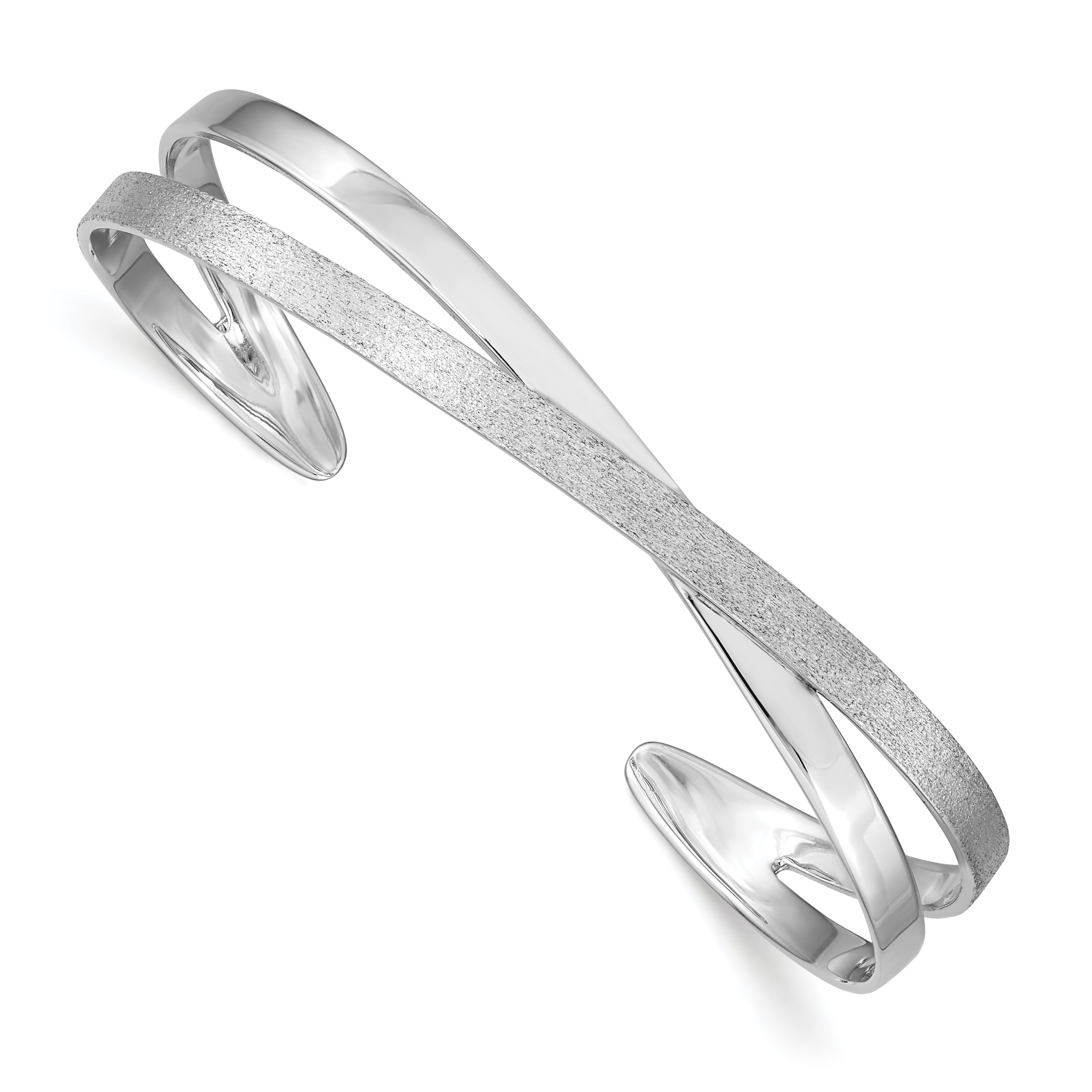 Sterling Silver Rhodium-plated Polished / Textured Cuff Bangle