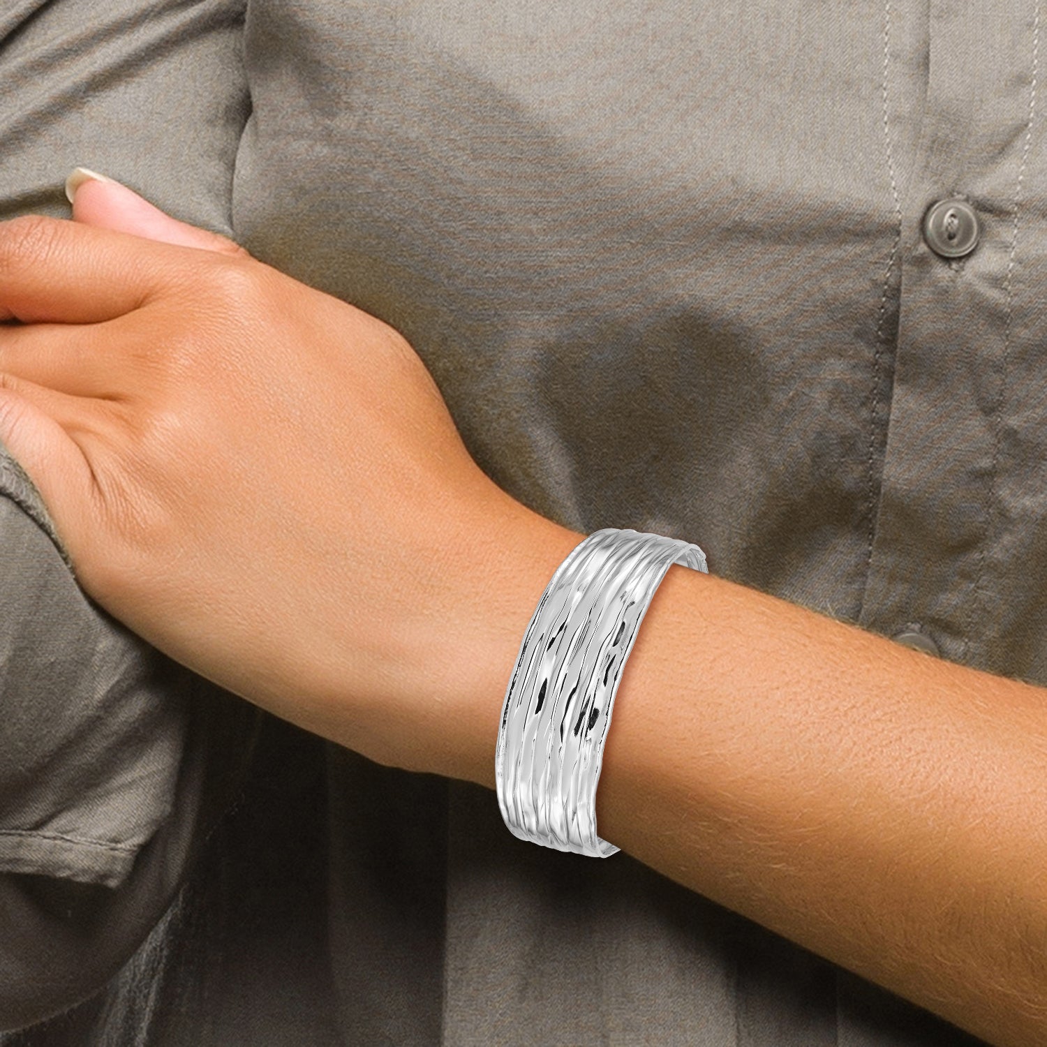 Sterling Silver Rhodium-plated Textured Cuff Bangle