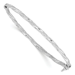 Sterling Silver Rhod-platd Textured 3mm Twisted Hinged Bangle