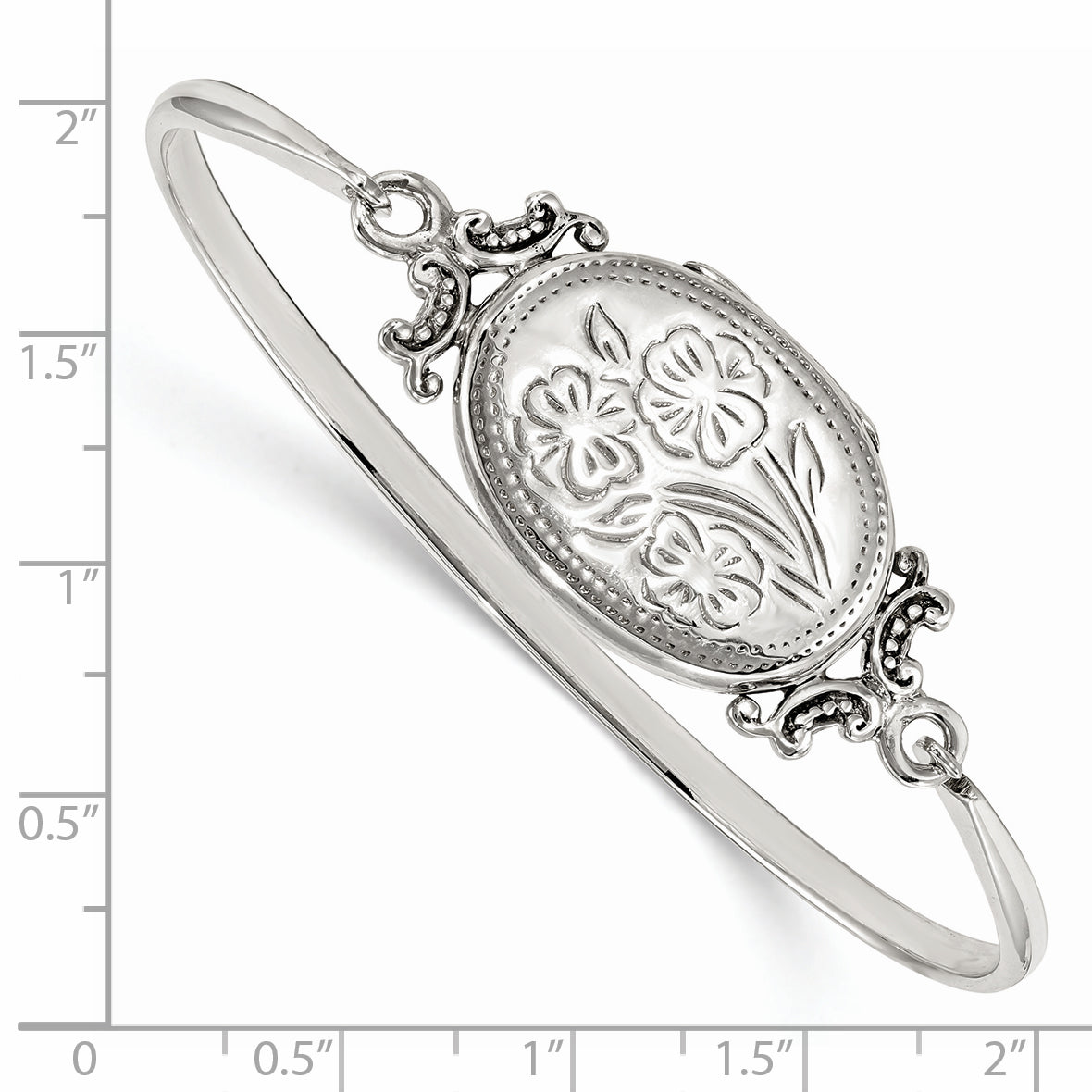 Sterling Silver Floral 26mm Oval Locket Bangle Bracelet