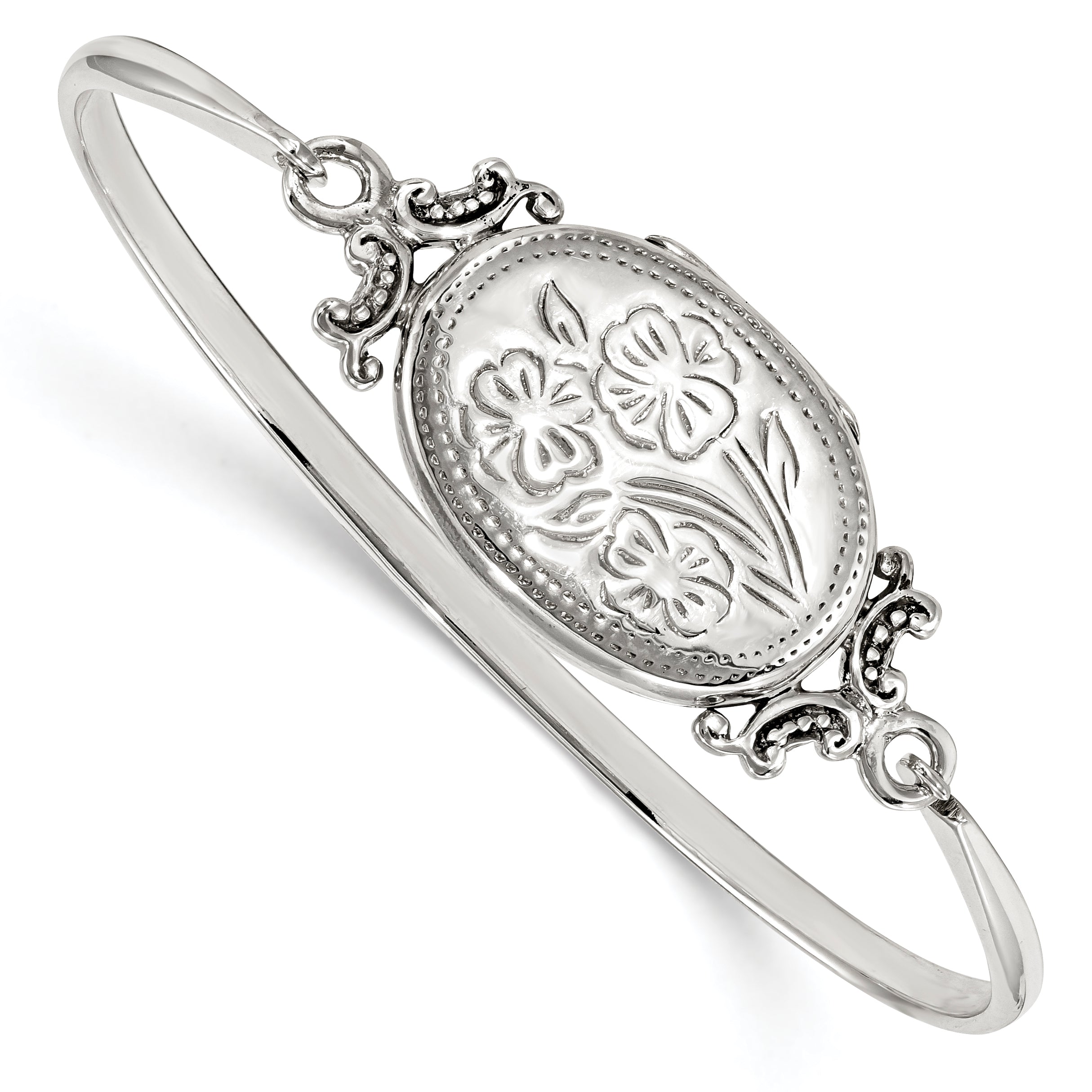 Sterling Silver Floral 26mm Oval Locket Bangle Bracelet