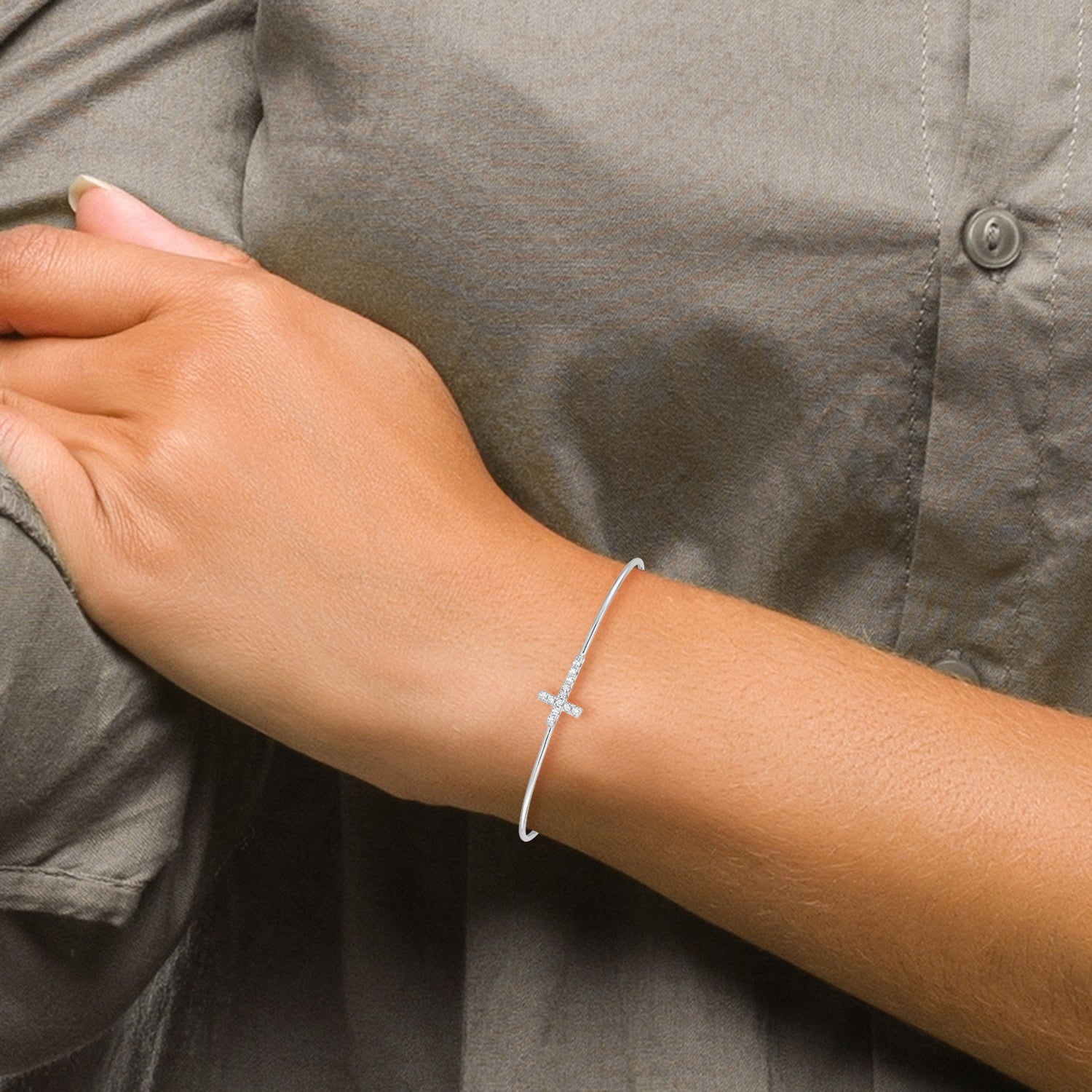 Sterling Silver Rhodium-plated CZ Cross Cuff Bangle