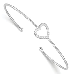 Sterling Silver Rhodium-plated CZ Heart Cuff Bangle Bracelet