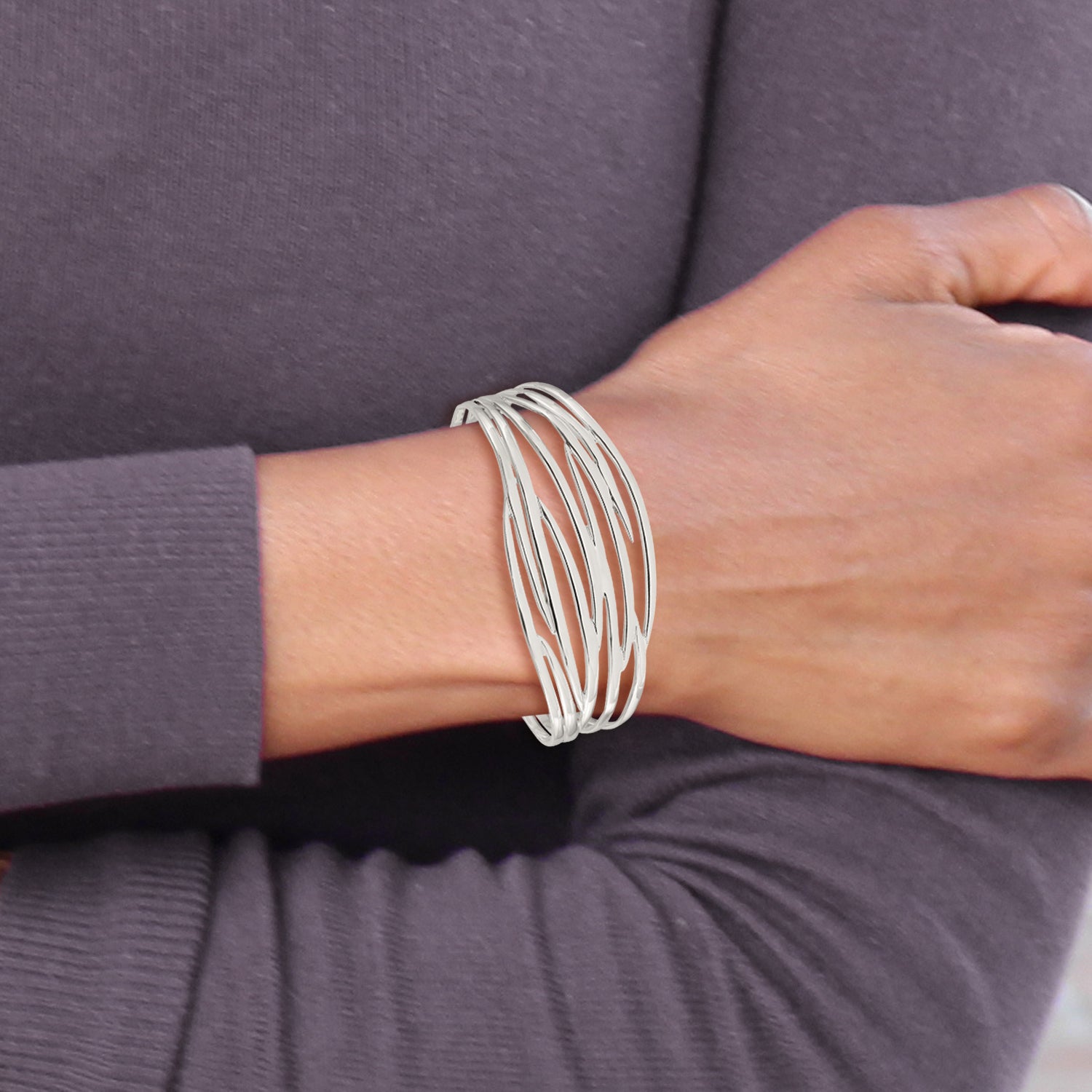 Sterling Silver Polished Multi-strand Cuff Bangle