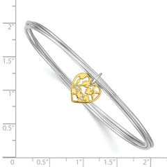 Sterling Silver Rhodium-plated Polished Gold Tone Heart Bangle