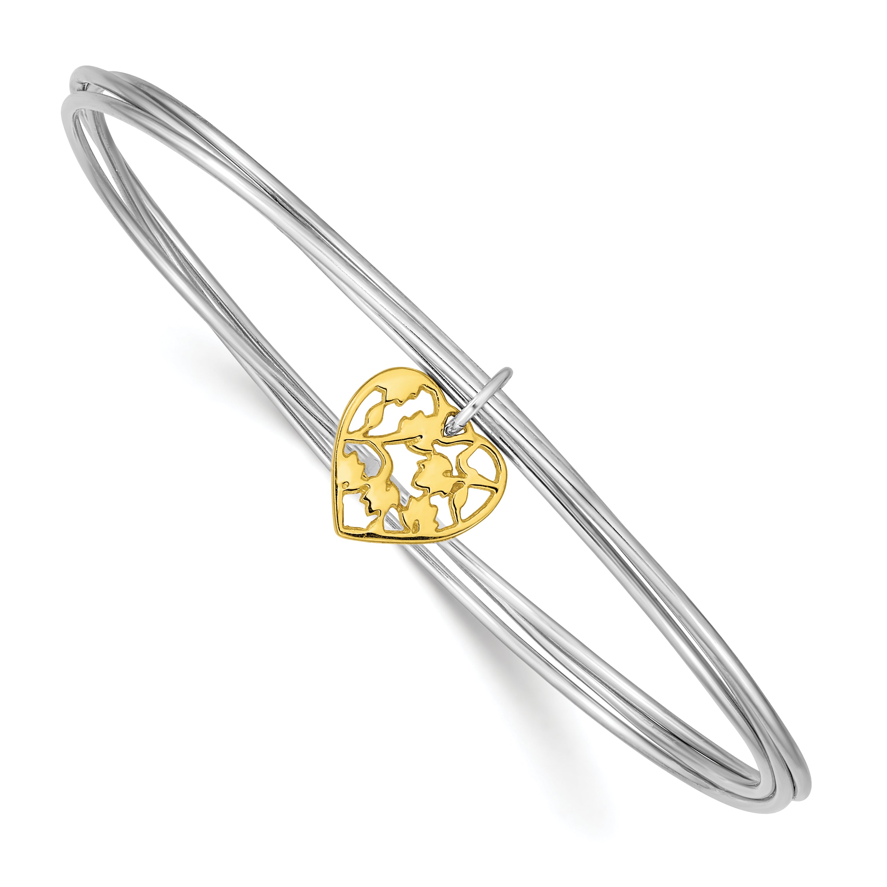 Sterling Silver Rhodium-plated Polished Gold Tone Heart Bangle