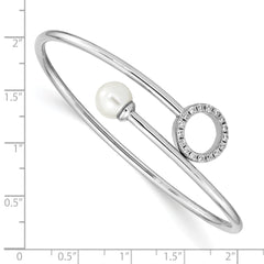 Sterling Silver Rh-pl Imitation Shell Pearl and CZ Flexible Bangle