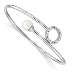 Sterling Silver Rh-pl Imitation Shell Pearl and CZ Flexible Bangle