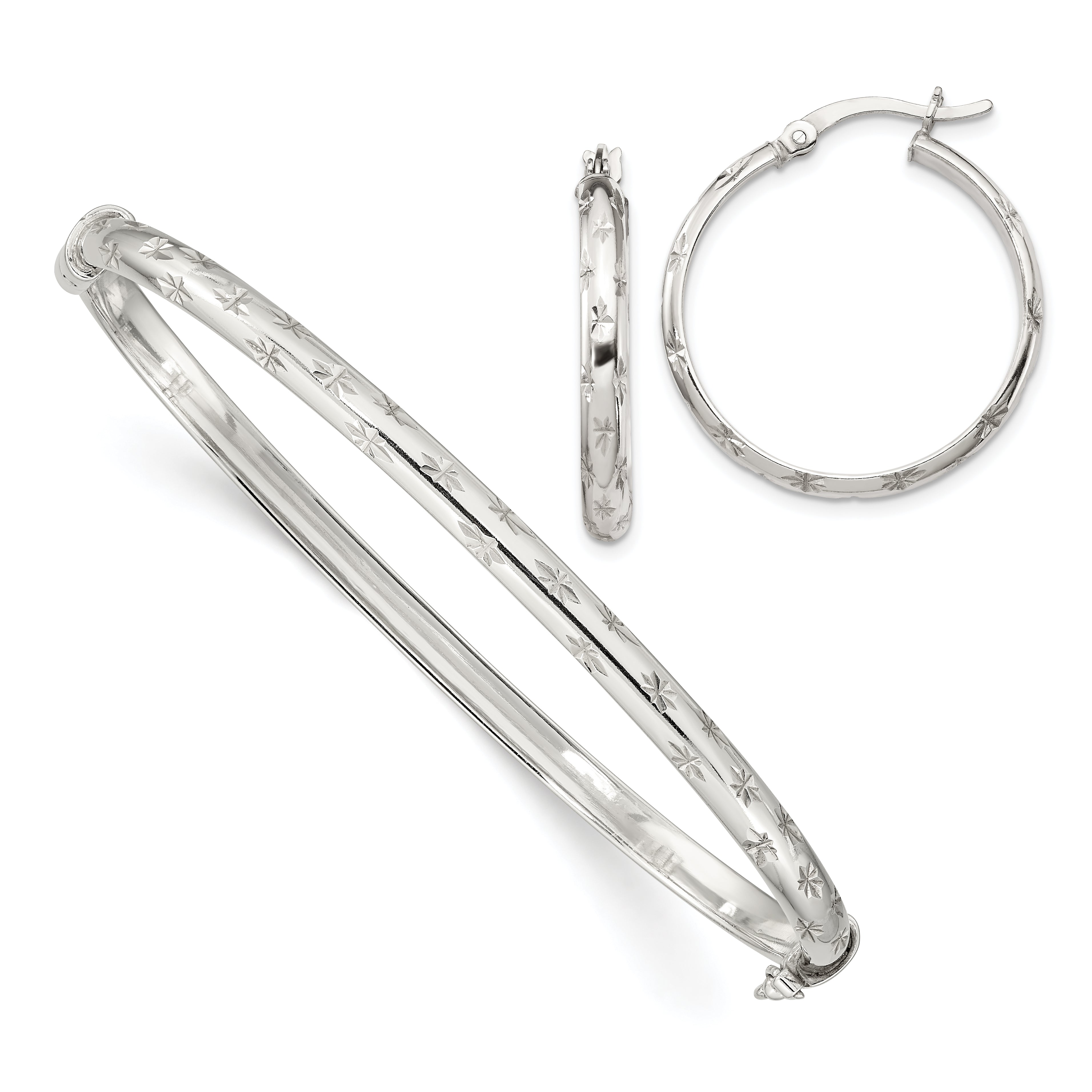 Sterling Silver D/C 4mm Bangle and 3mm Hoop Earring Set