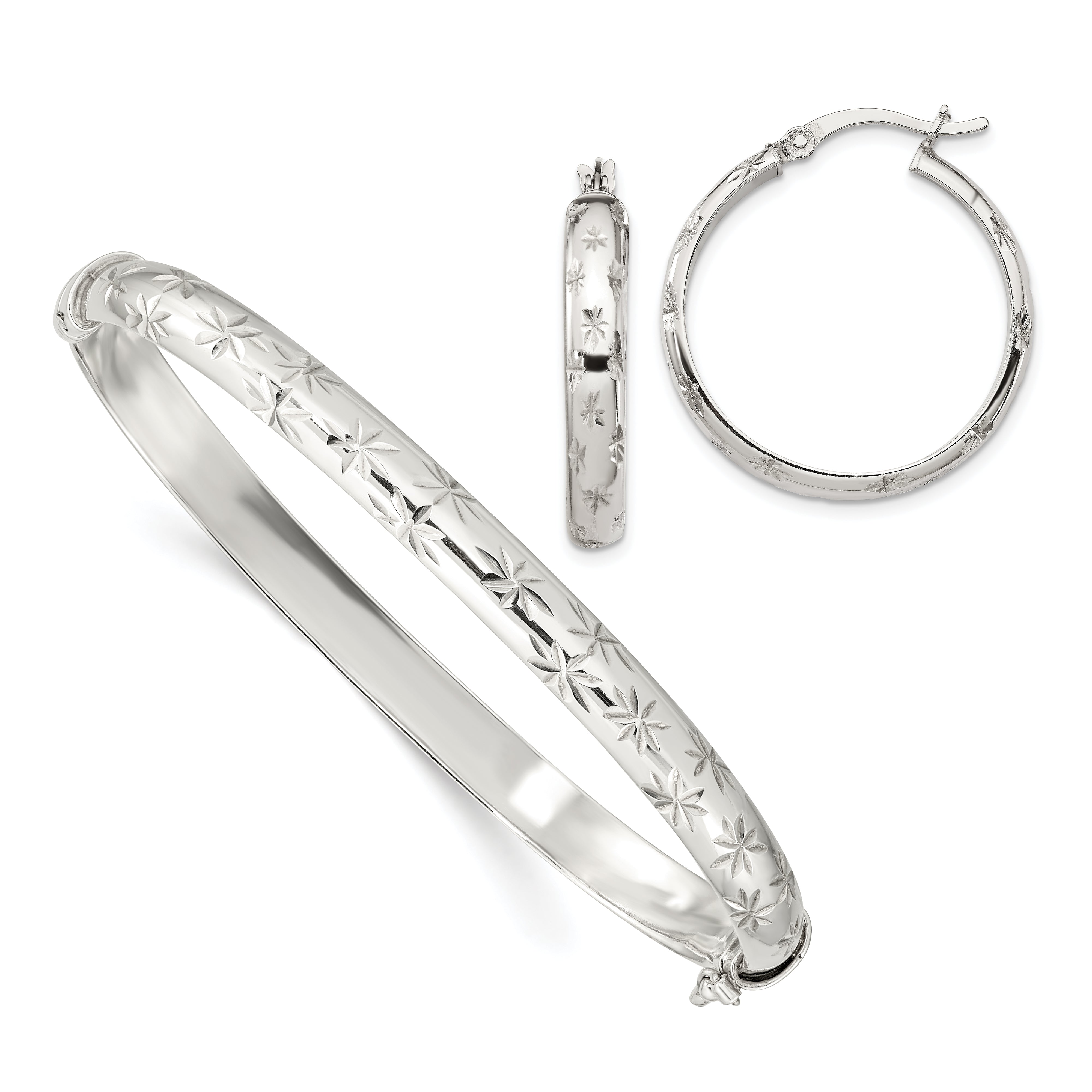 Sterling Silver D/C 6mm Bangle and 4mm Hoop Earring Set