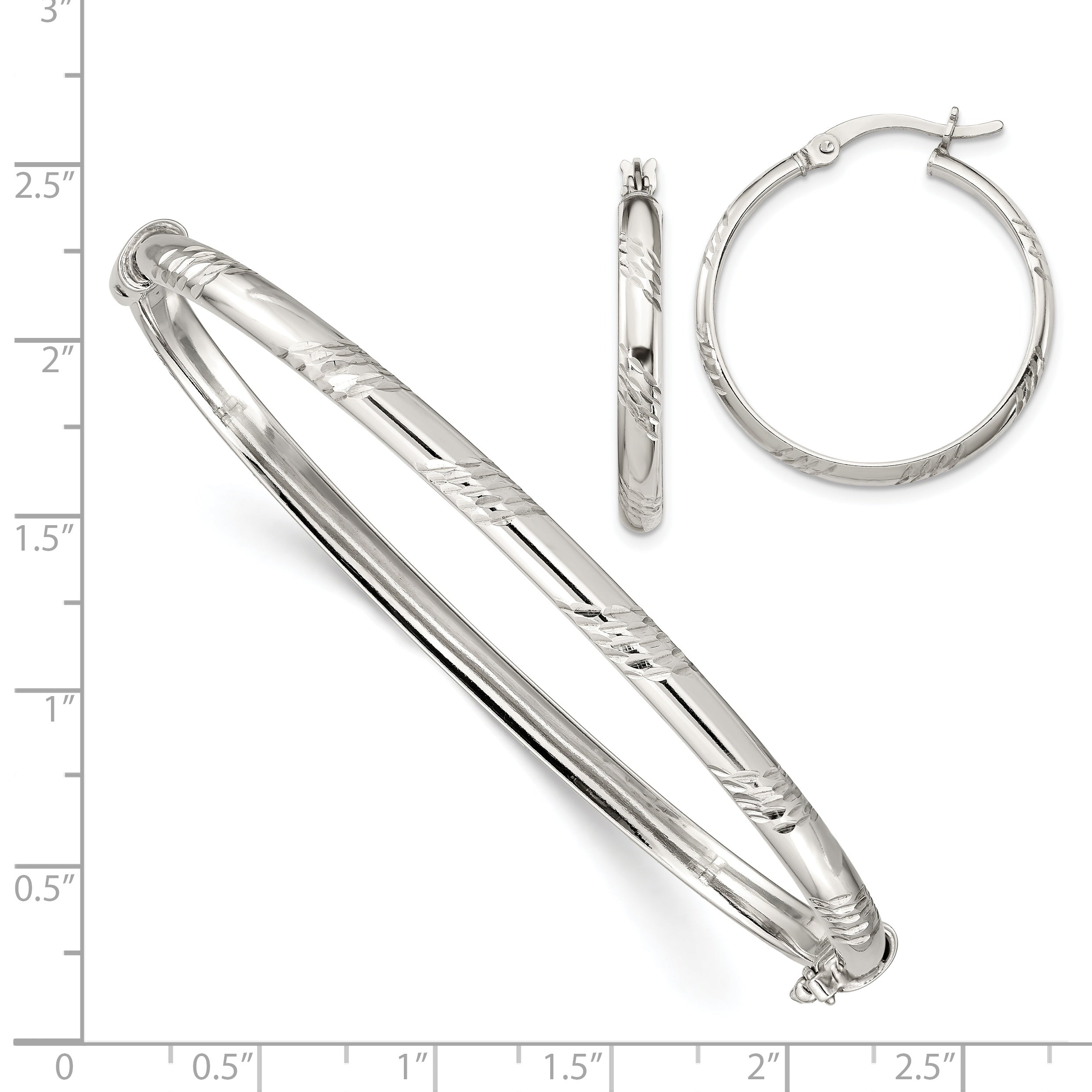 Sterling Silver D/C 4mm Bangle and 3mm Hoop Earring Set