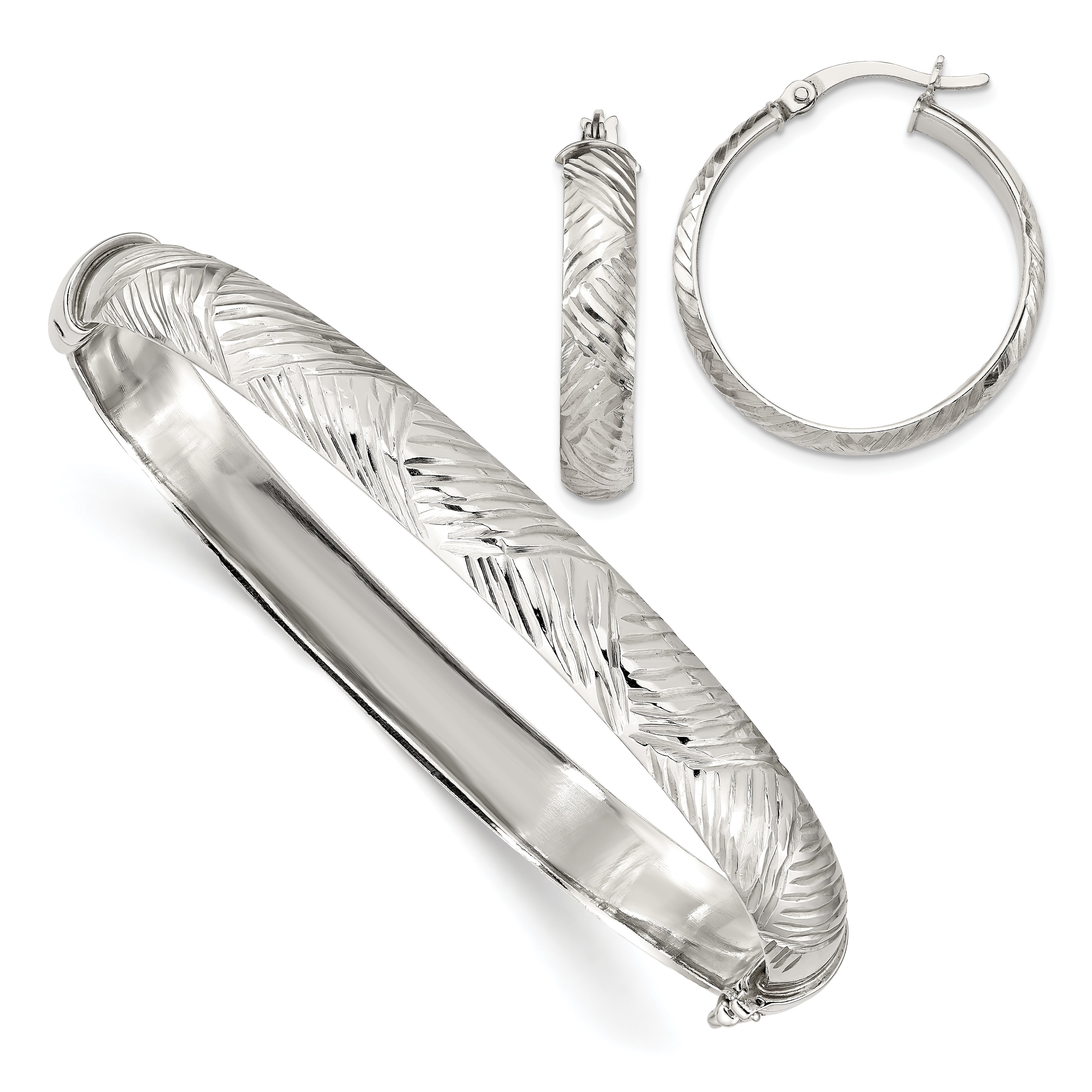 Sterling Silver D/C 7.5mm Bangle and 5mm Hoop Earring Set