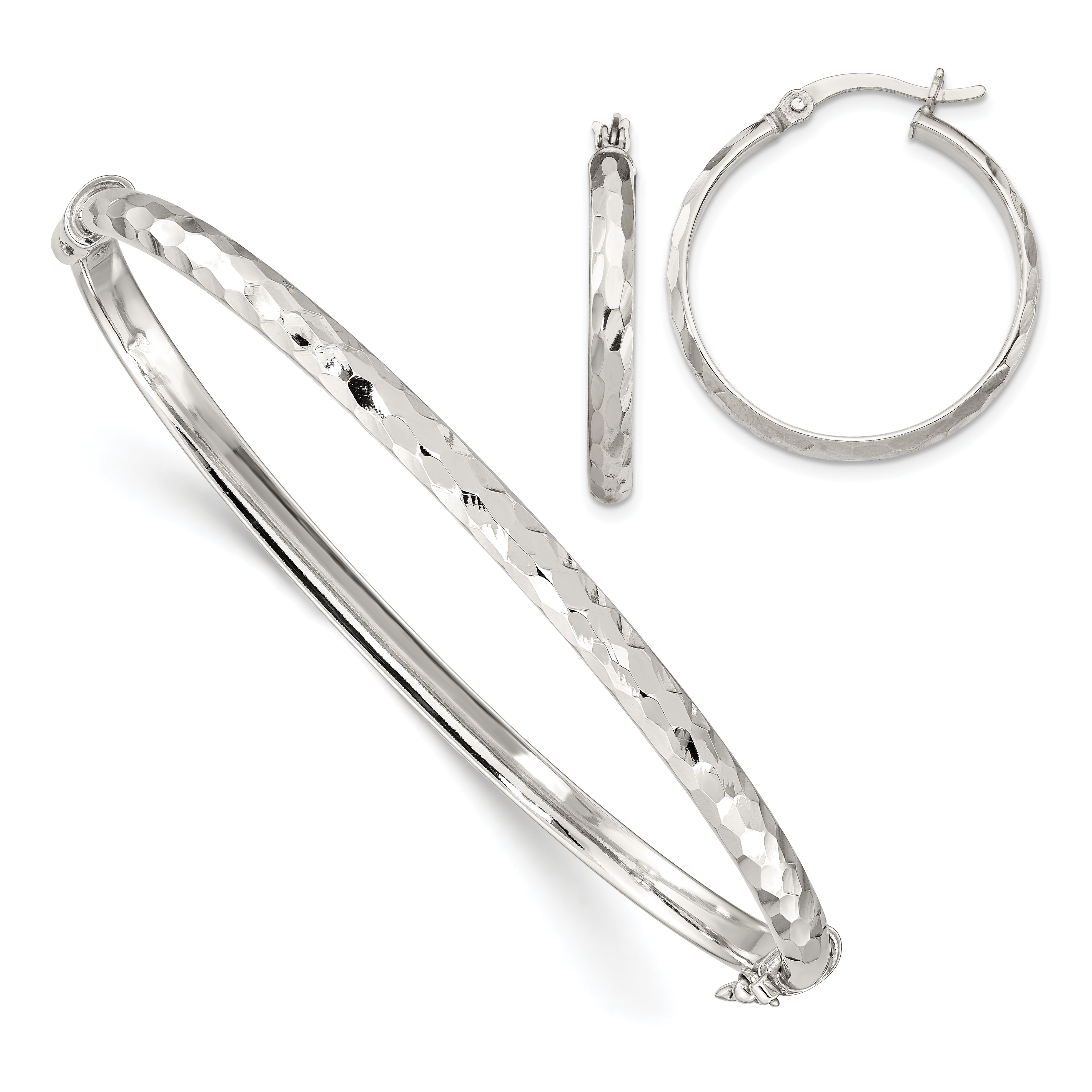 Sterling Silver D/C 4mm Bangle and 3mm Hoop Earring Set