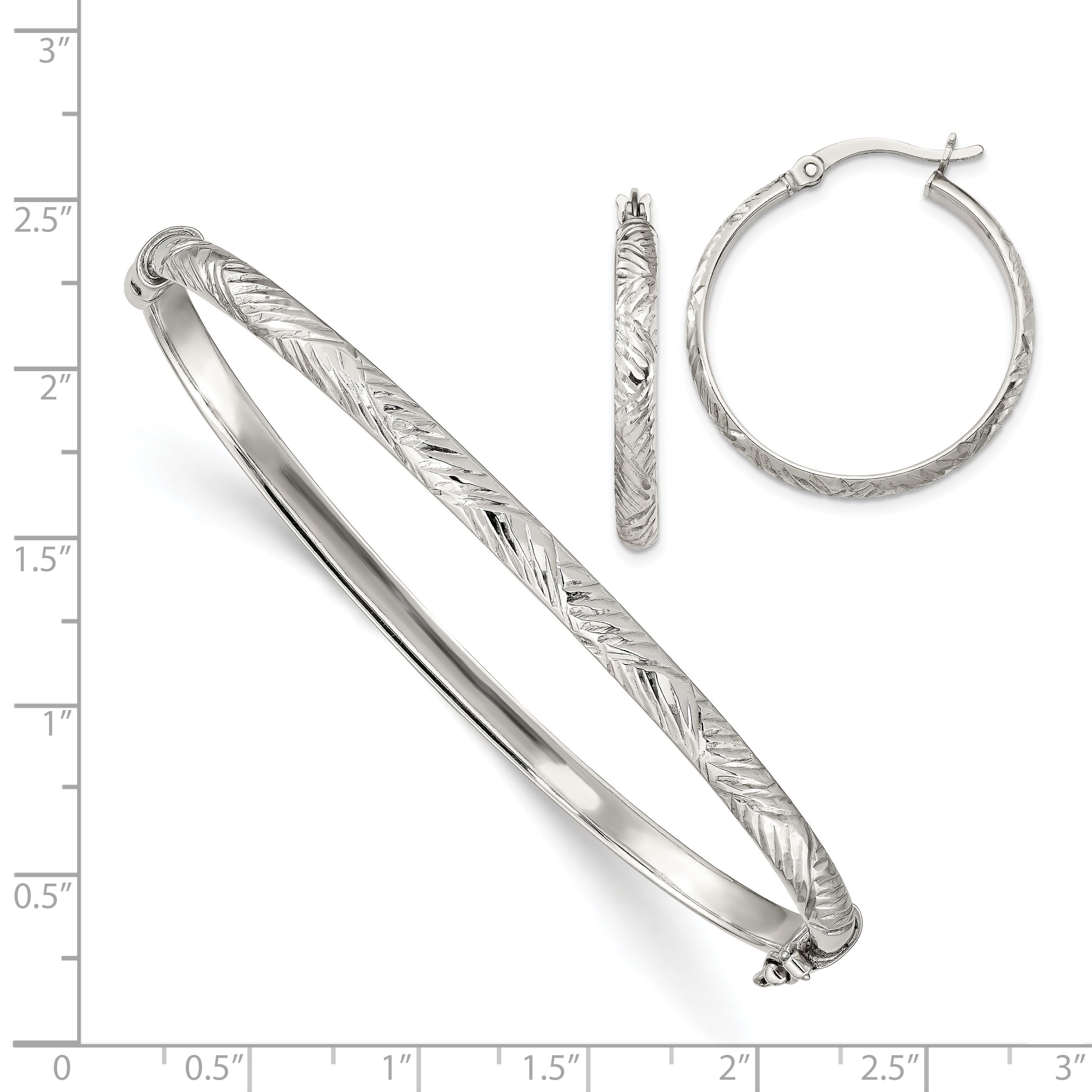 Sterling Silver D/C 4mm Bangle and 3mm Hoop Earring Set