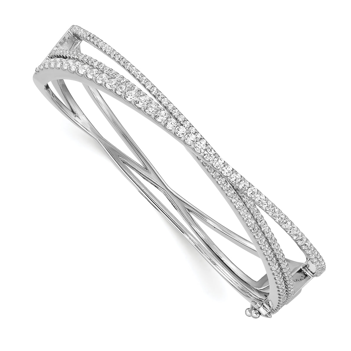 Sterling Shimmer Sterling Silver Rhodium-plated 177 Stone CZ Hinged Criss Cross Bangle Bracelet