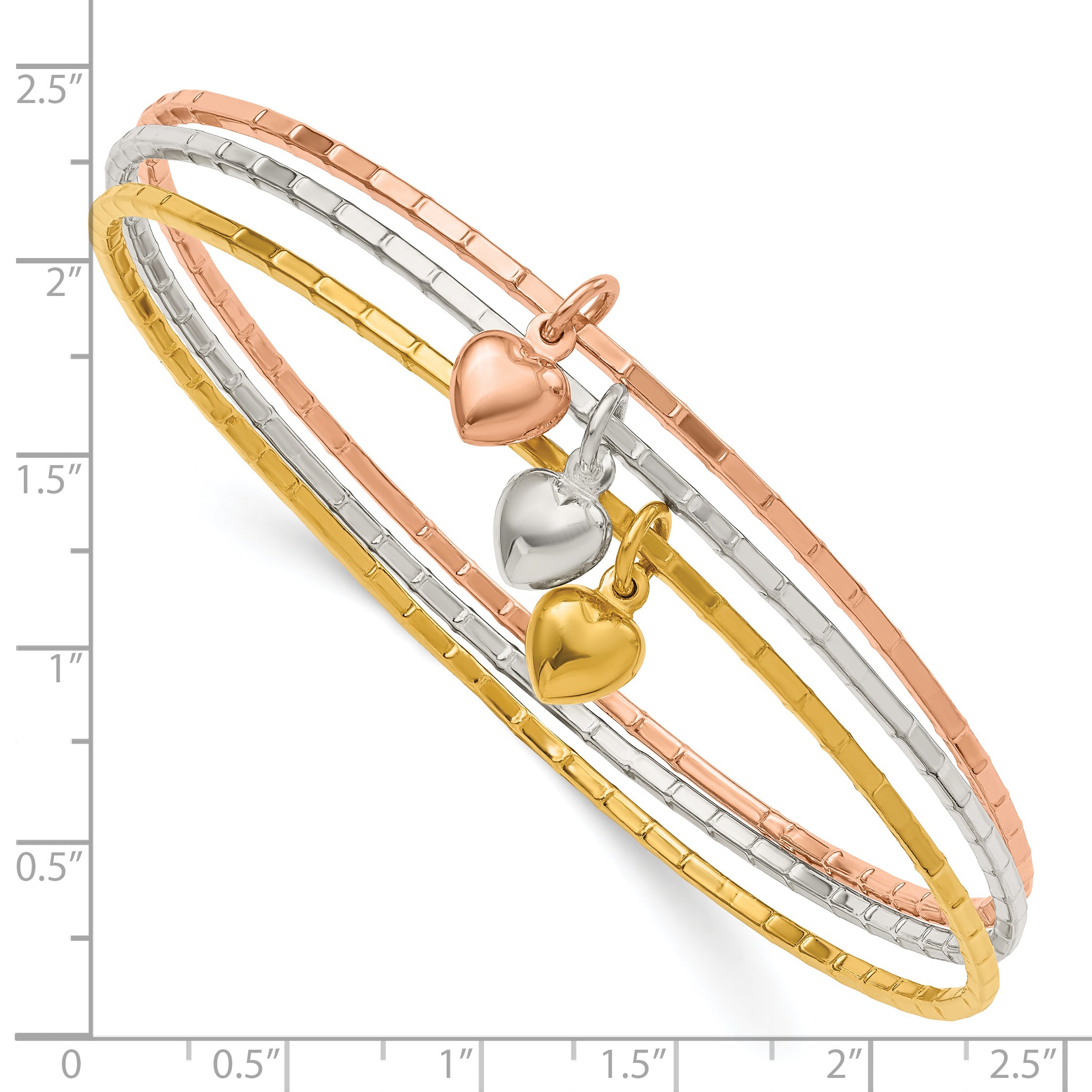 Sterling Silver/Gold-tone/Rose-tone w/Puffed Heart Bangle Set