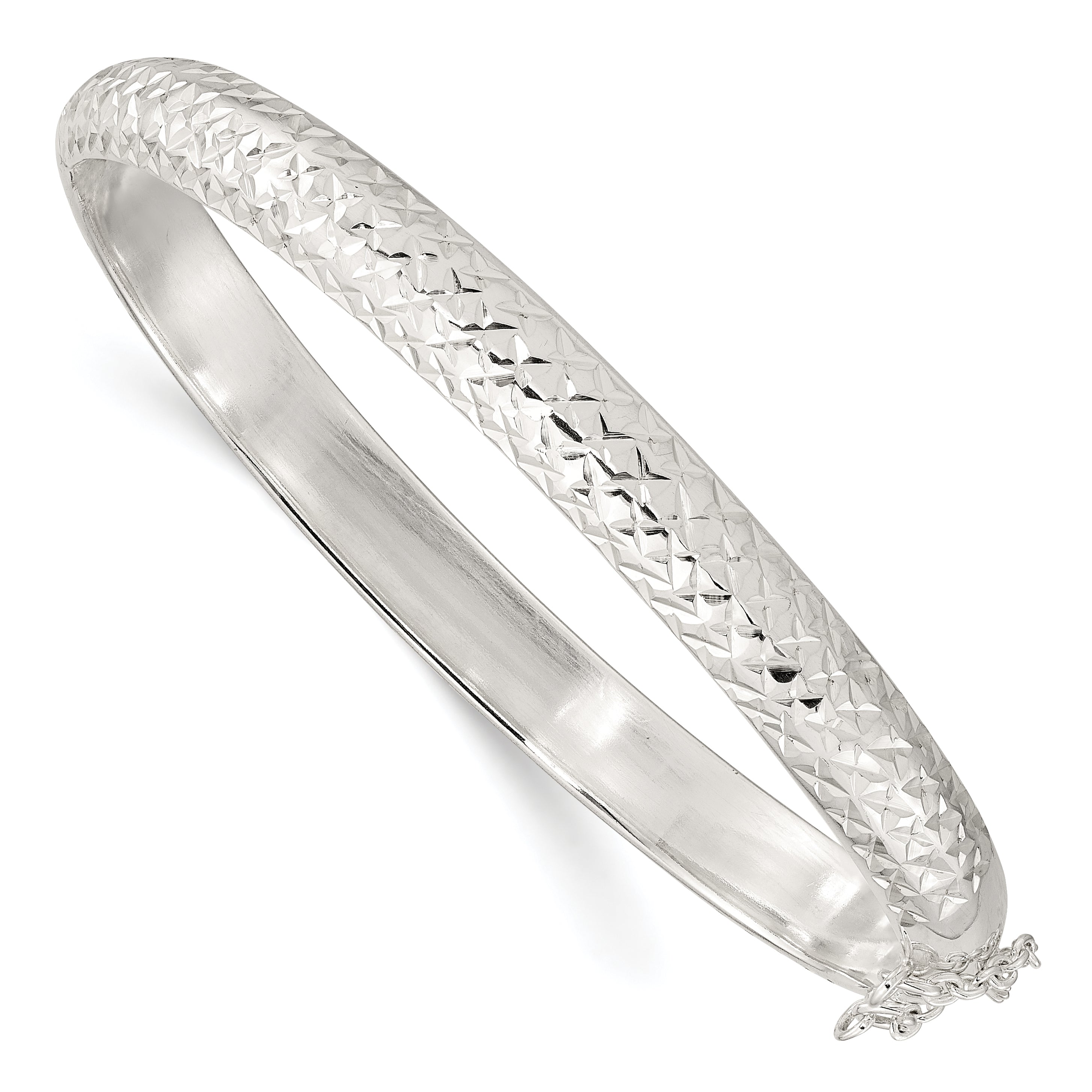 Sterling Silver Rhodium-plated Polished and D/C 7.00mm Hinged  Bangle