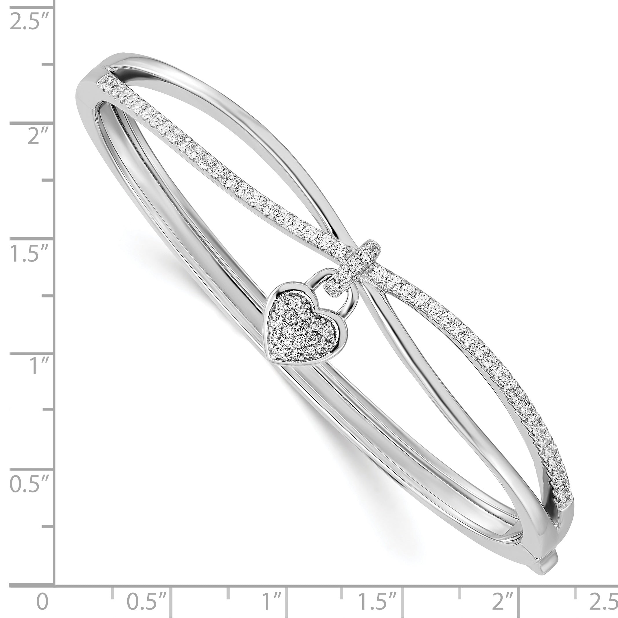 Sterling Silver Rhodium-plated CZ Heart Dangle Hinged Bangle