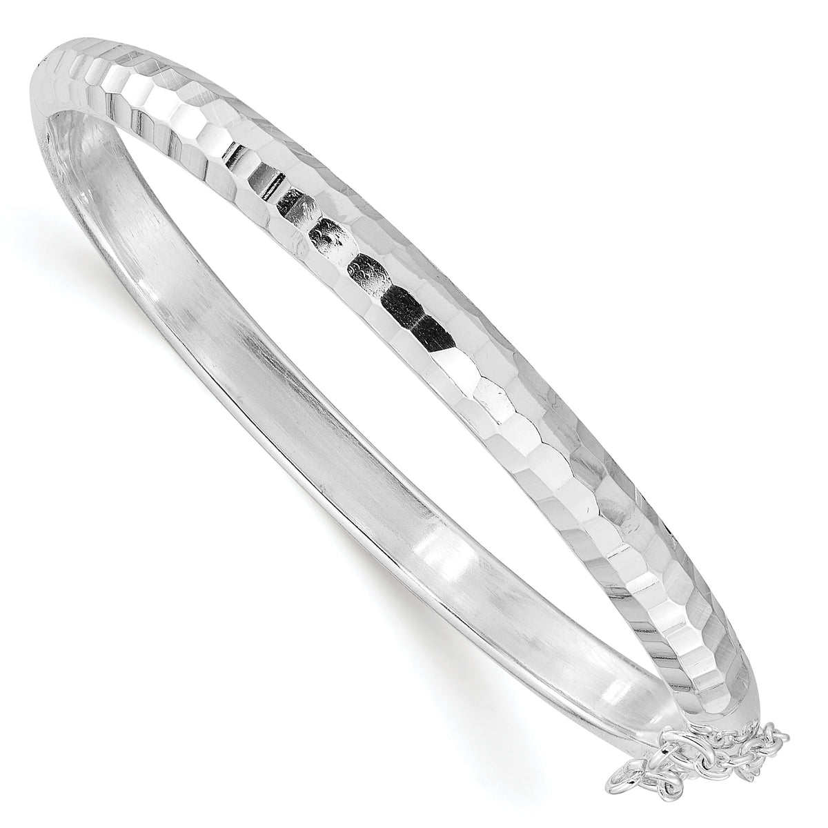 Sterling Silver Rhodium-plated Polished & Diamond-cut 5mm with Safety Clasp Hinged Children's Bangle