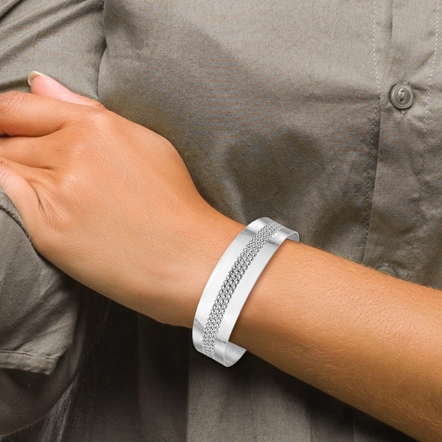 Sterling Silver Rhodium Plated and Textured Cuff Bangle