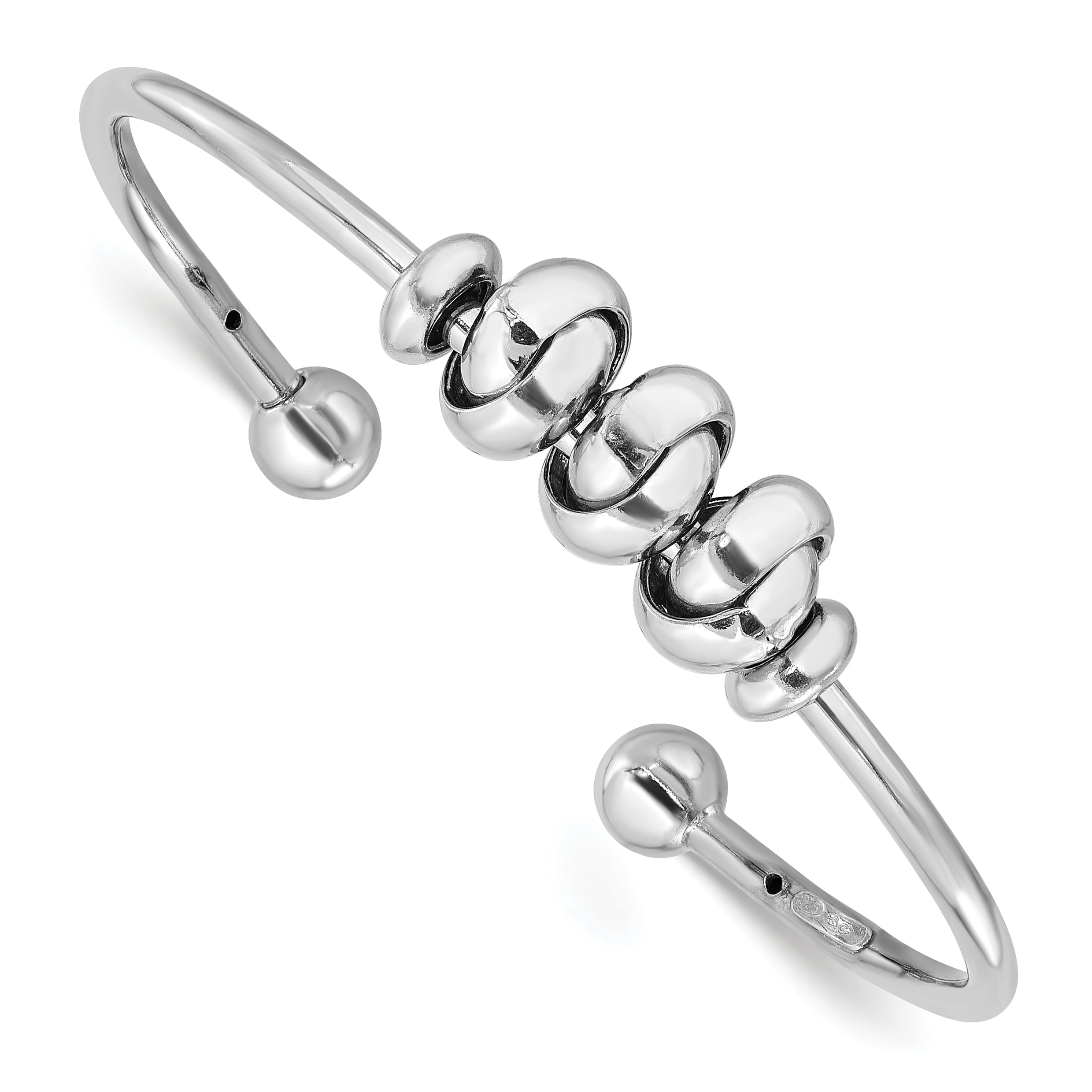 Sterling Silver Rhod-plated Polished Knot Beads Cuff Bangle