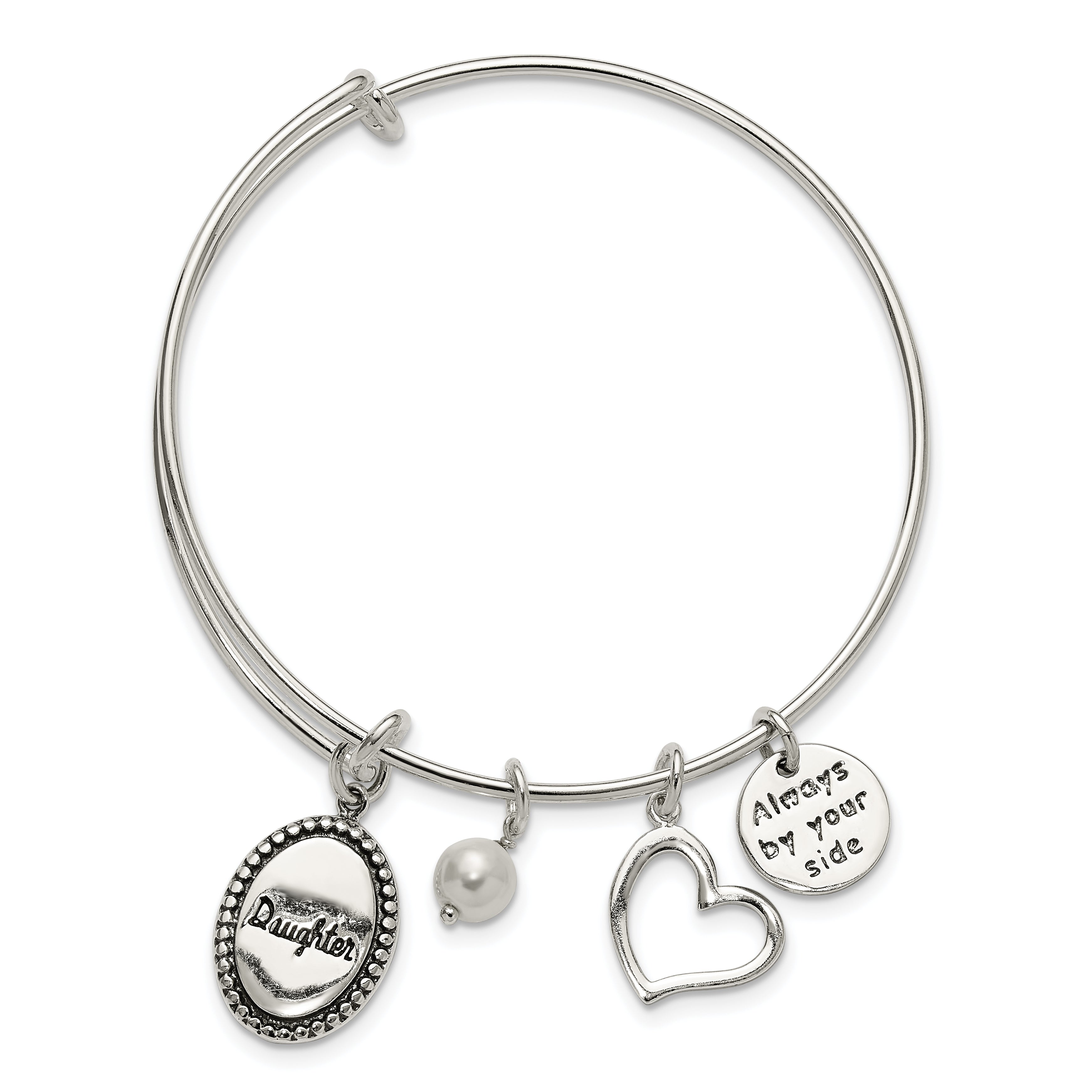 Sterling Silver Antiqued Syn. Pearl Daughter Charm Adjustable Bangle