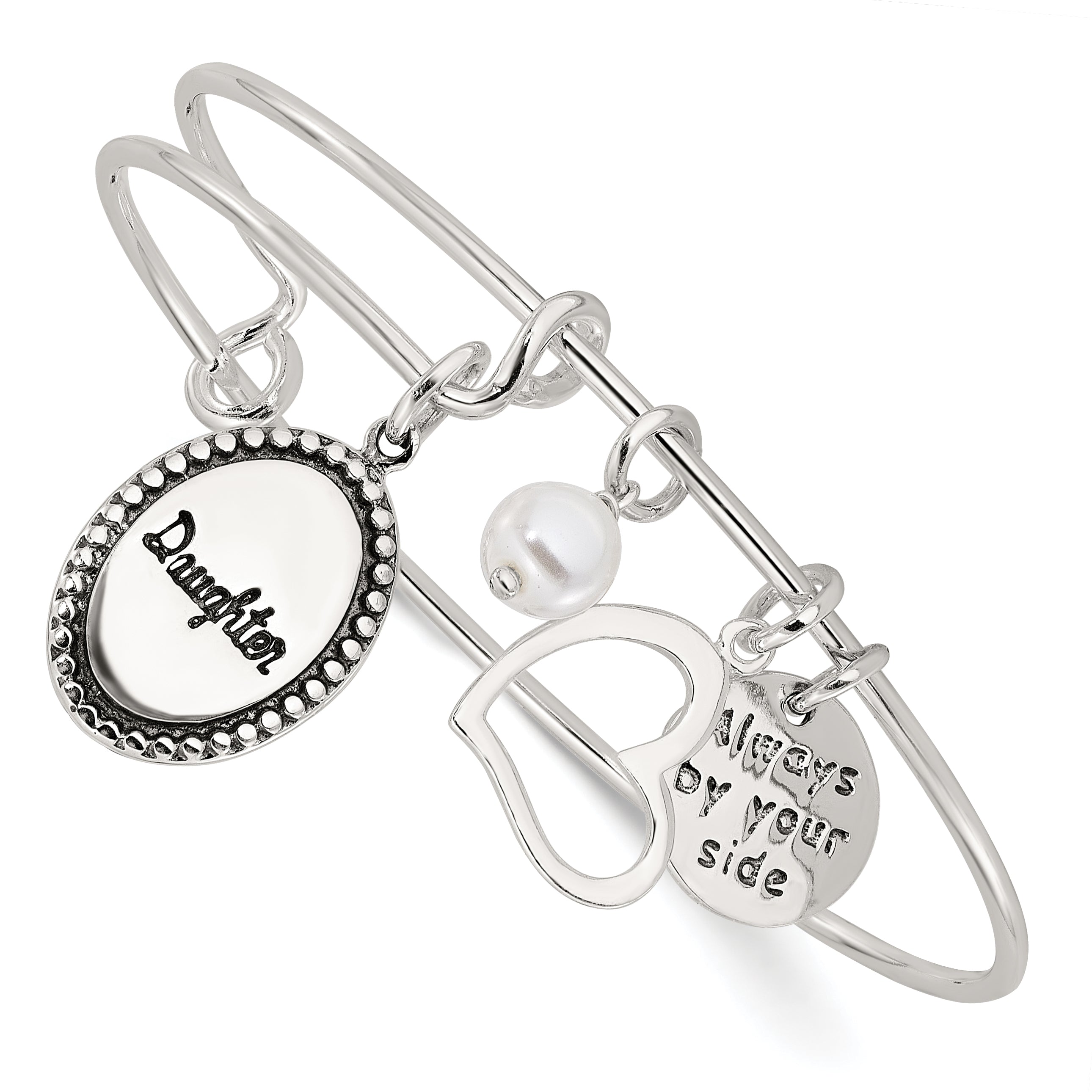 Sterling Silver Antiqued Syn. Pearl Daughter Charm Adjustable Bangle