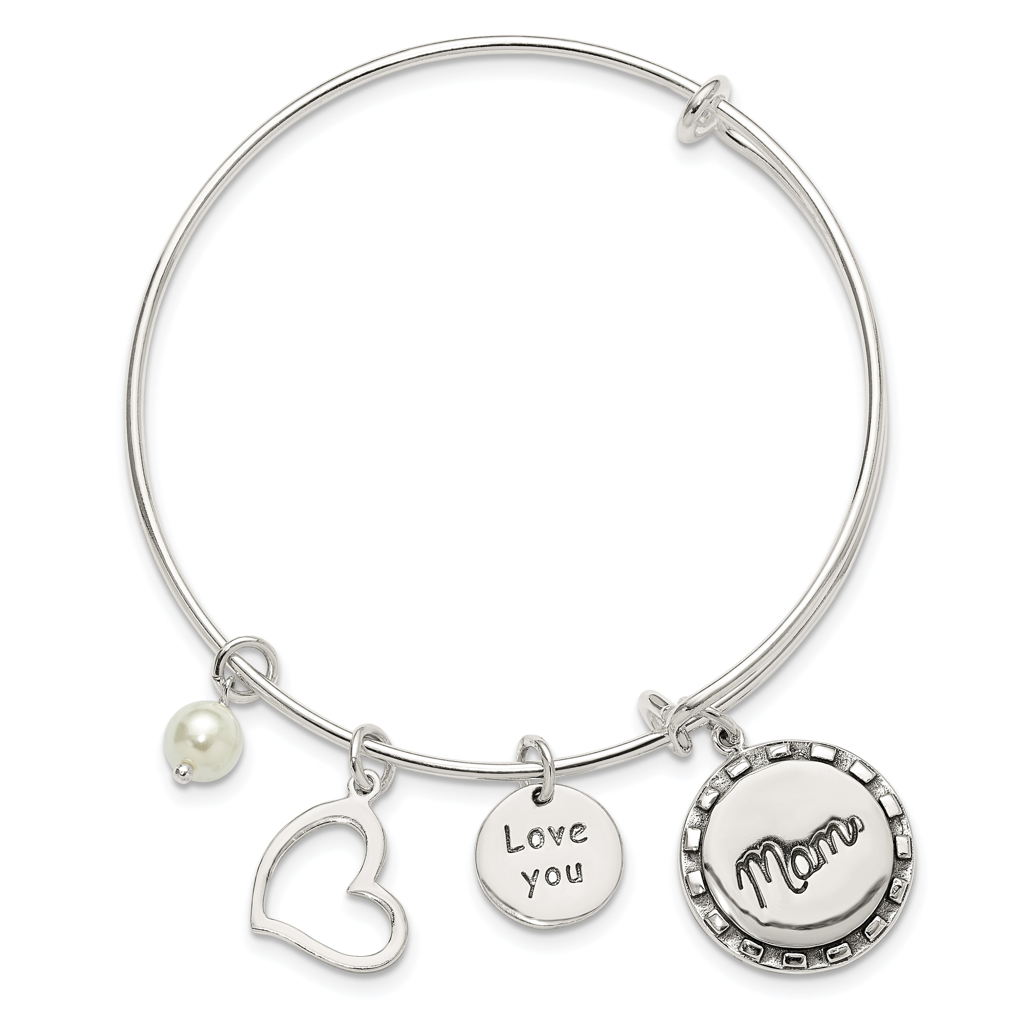 Sterling Silver Antiqued Syn. Pearl Love You Mom Charm Adjustable Bangle