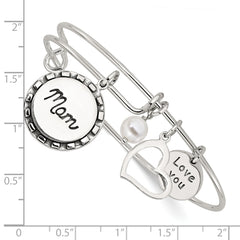 Sterling Silver Antiqued Syn. Pearl Love You Mom Charm Adjustable Bangle