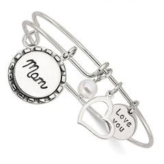 Sterling Silver Antiqued Syn. Pearl Love You Mom Charm Adjustable Bangle