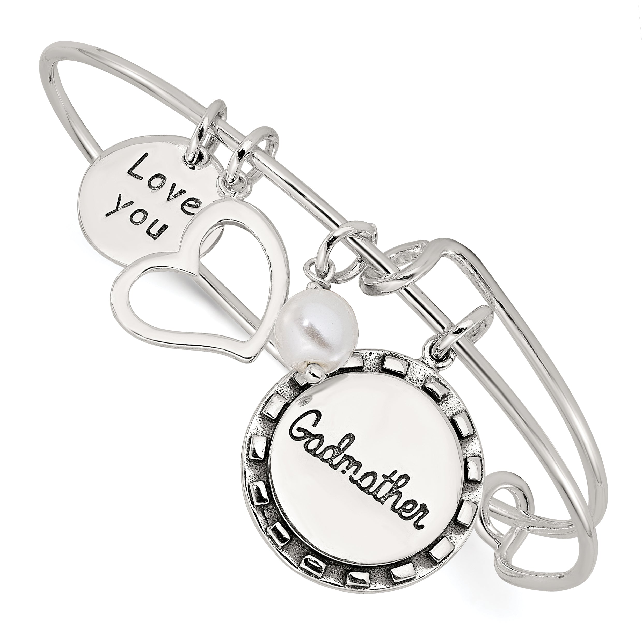 Sterling Silver Antiqued Syn. Pearl Godmother Charm Adjustable Bangle