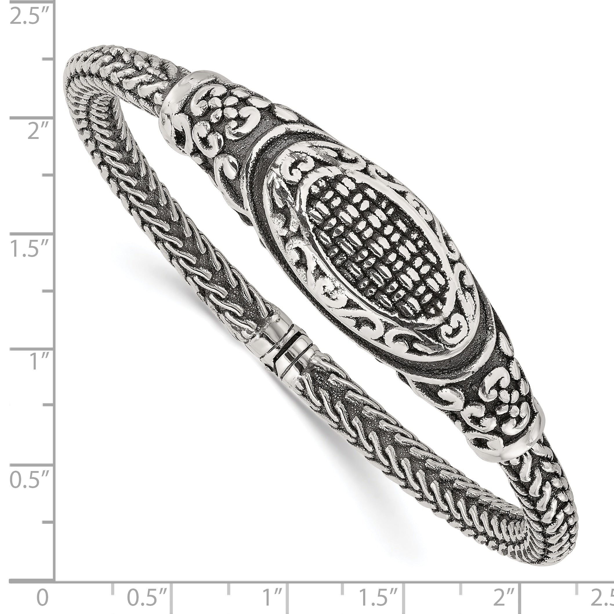 Sterling Silver Polished and Antiqued Textured Hinged Bangle Bracelet