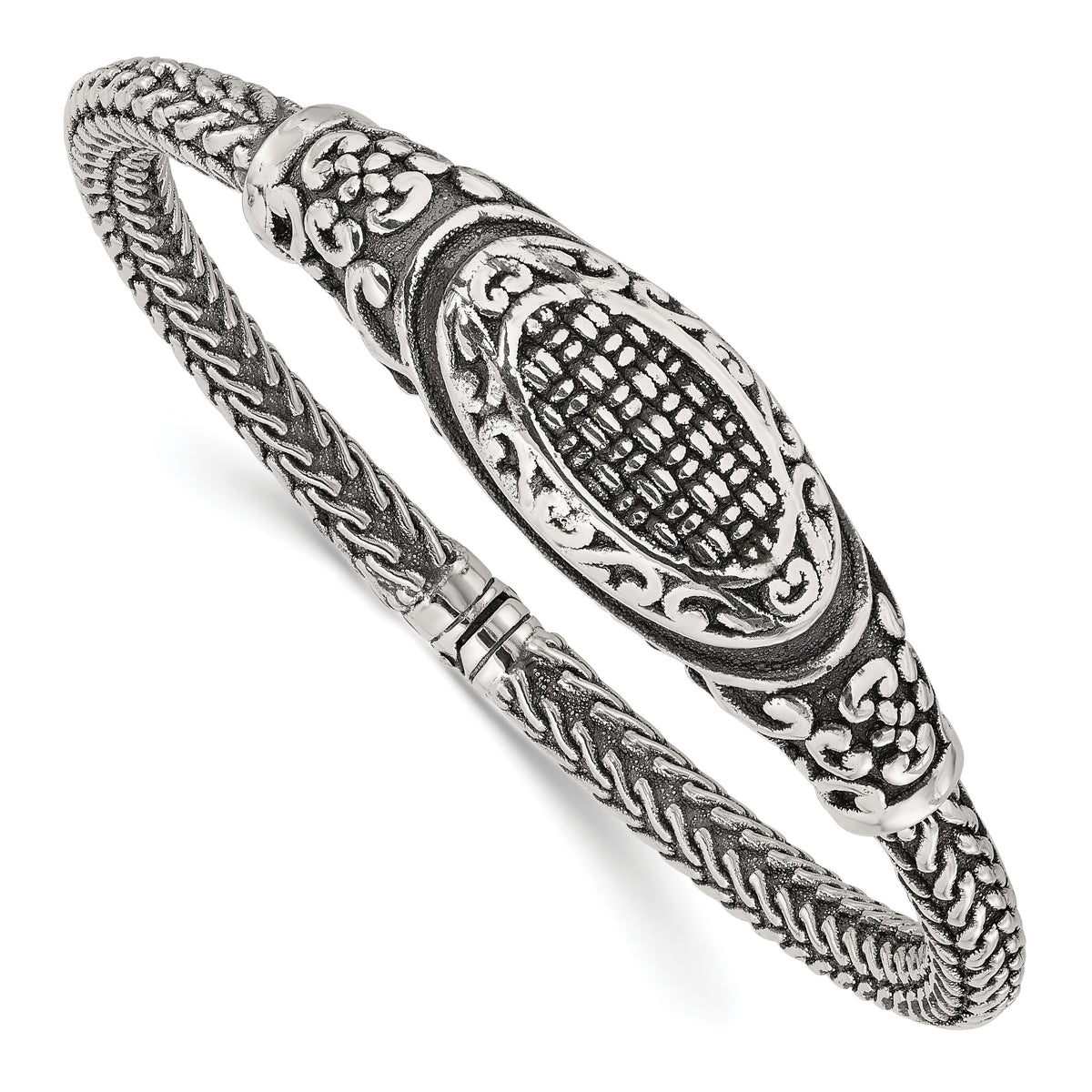 Sterling Silver Polished and Antiqued Textured Hinged Bangle Bracelet