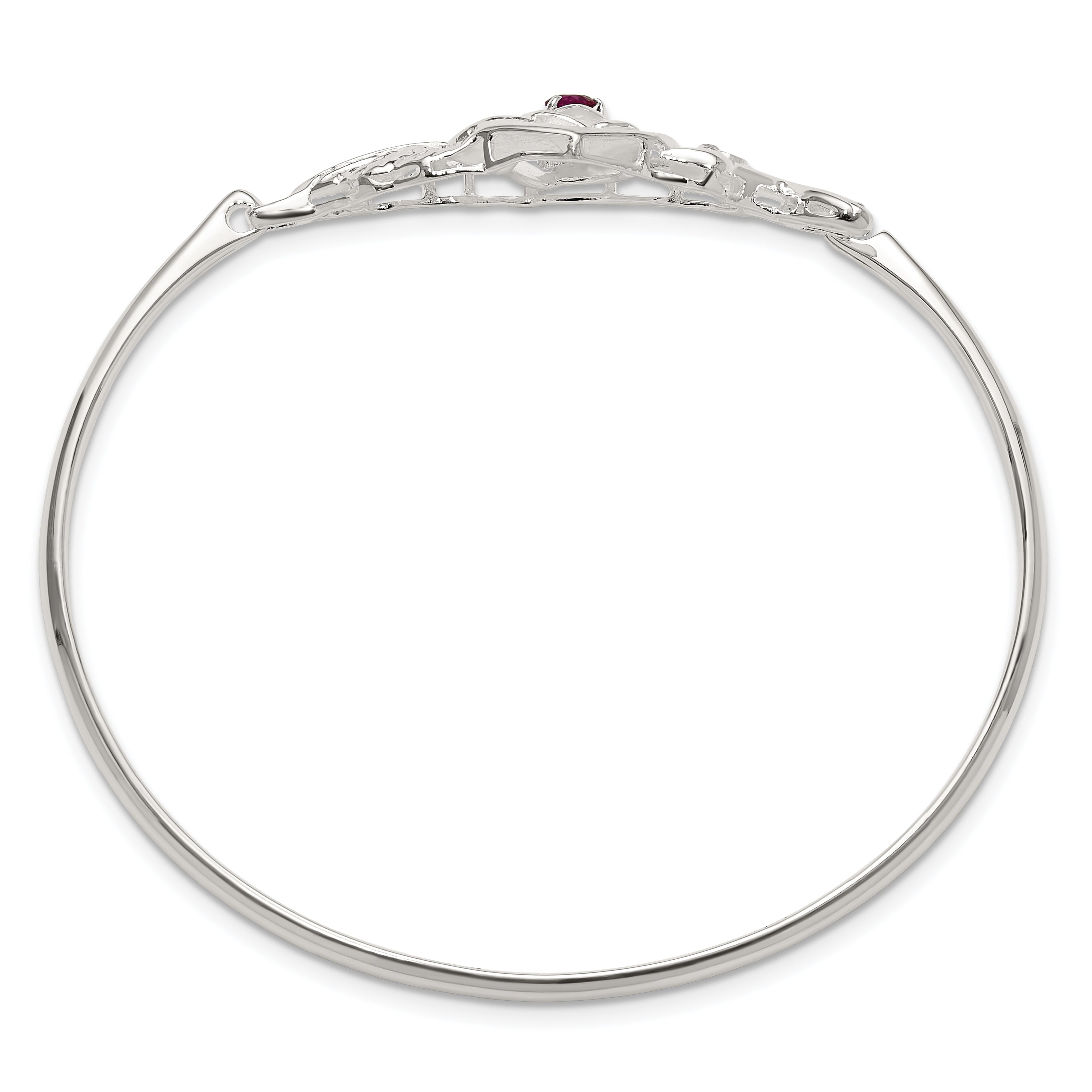 Sterling Silver Polished Red CZ Flower Bird Hook Bangle Bracelet