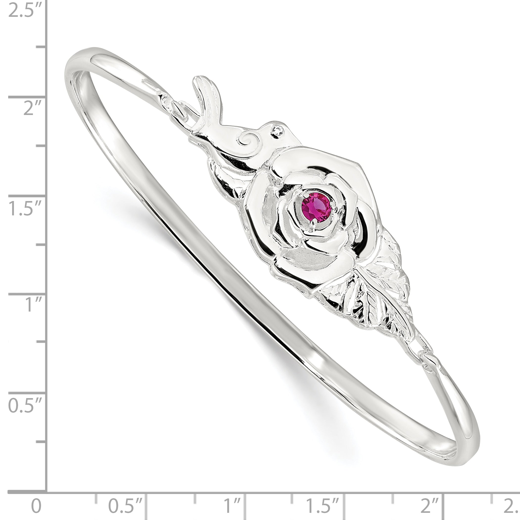 Sterling Silver Polished Red CZ Flower Bird Hook Bangle Bracelet