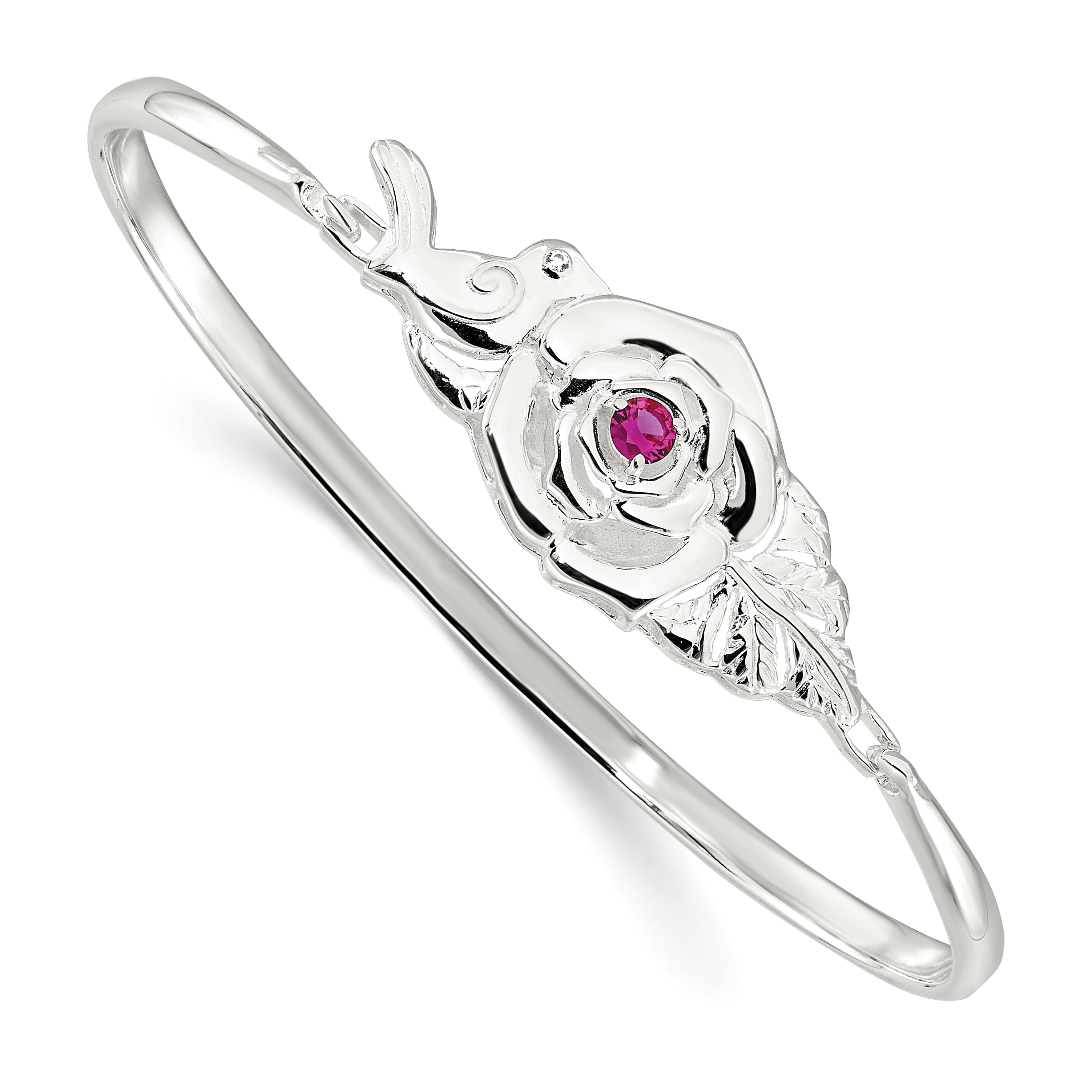 Sterling Silver Polished Red CZ Flower Bird Hook Bangle Bracelet